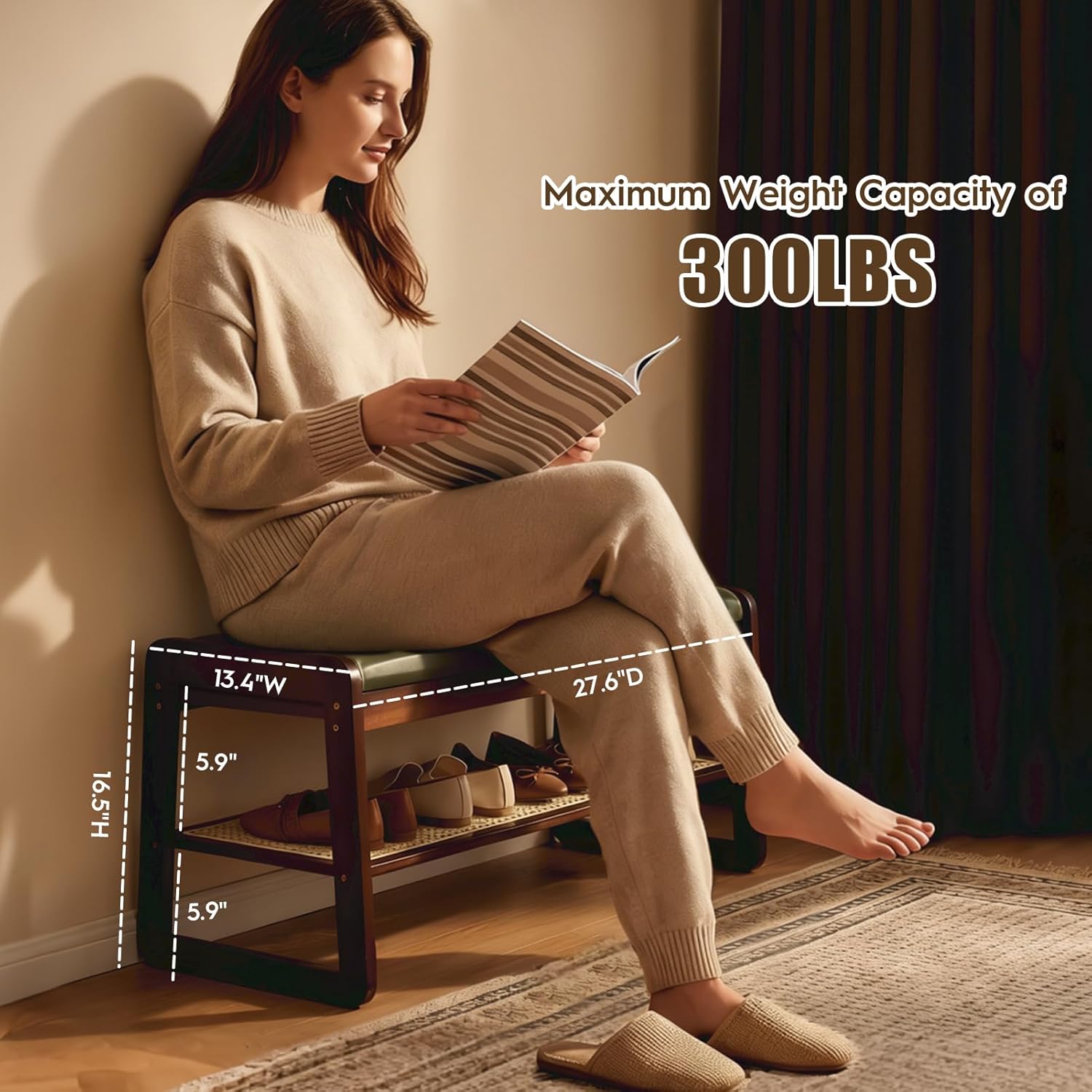 Shoe Bench Bamboo 2 Tier 27.6'' Entryway Bench with Cushion and Flip-Open Storage Box Shoe Rack Organizer for Entryway, Hallway, Closet, Front Door Entrance, Foyer (Green)