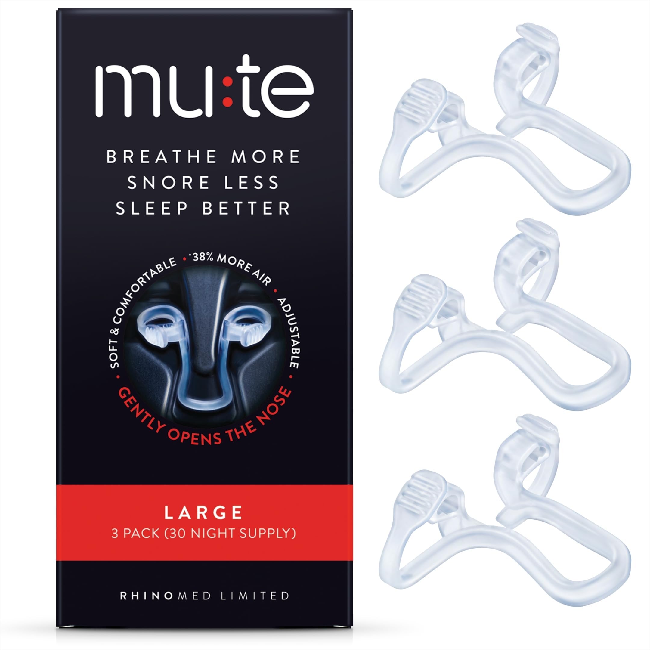 Mute Nasal Dilator Snoring Solution | Large 3 Pack | Snore Less & Sleep Better | Nasal Strip Alternative | Comfortable Breathing Aids for Better Sleep & Improved Airflow