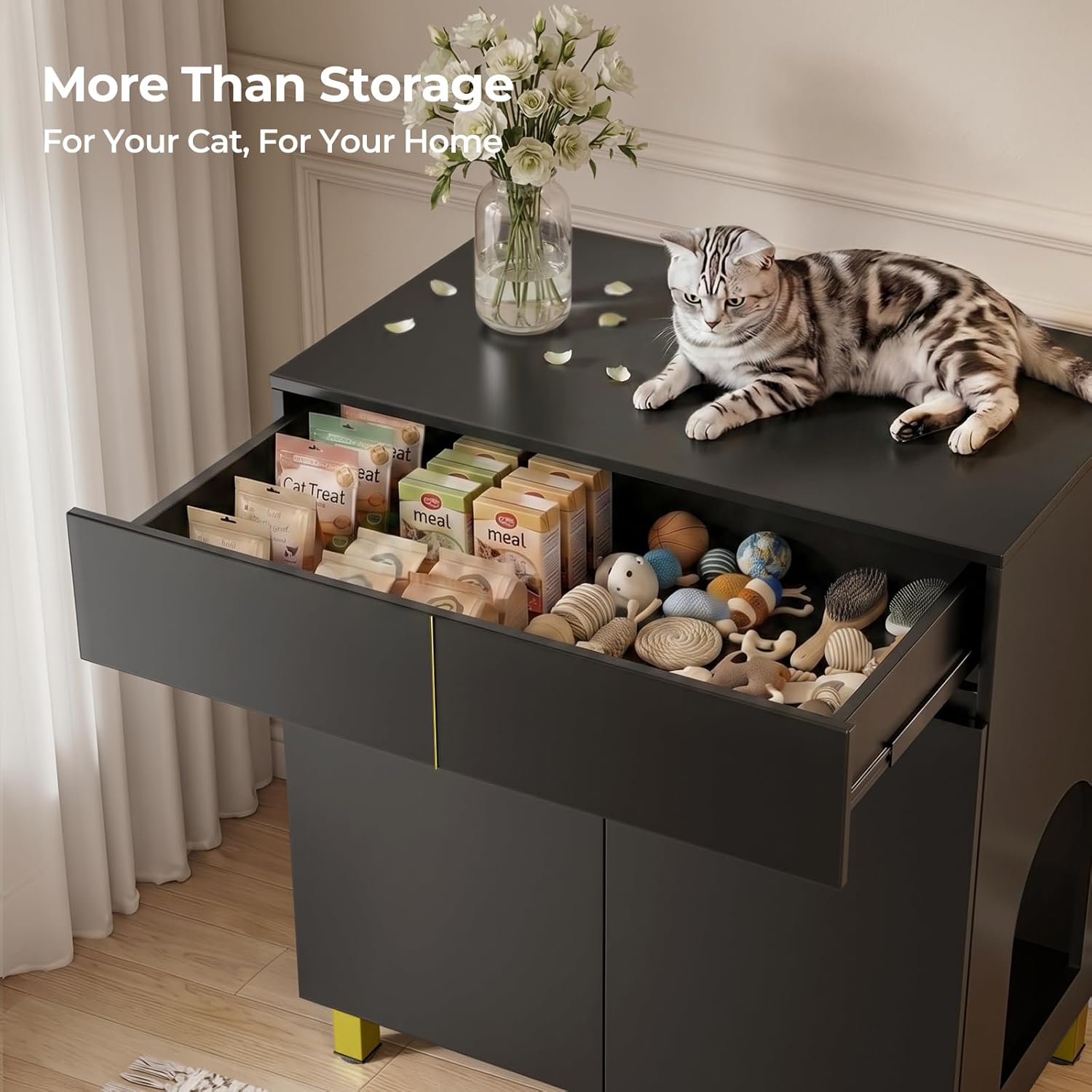Amunrbrek Large/Tall Litter Box Enclosure, Modern Wooden Litter Box Furniture for XL Litterbox with Drawer as Sideboard Cabinet (Black)