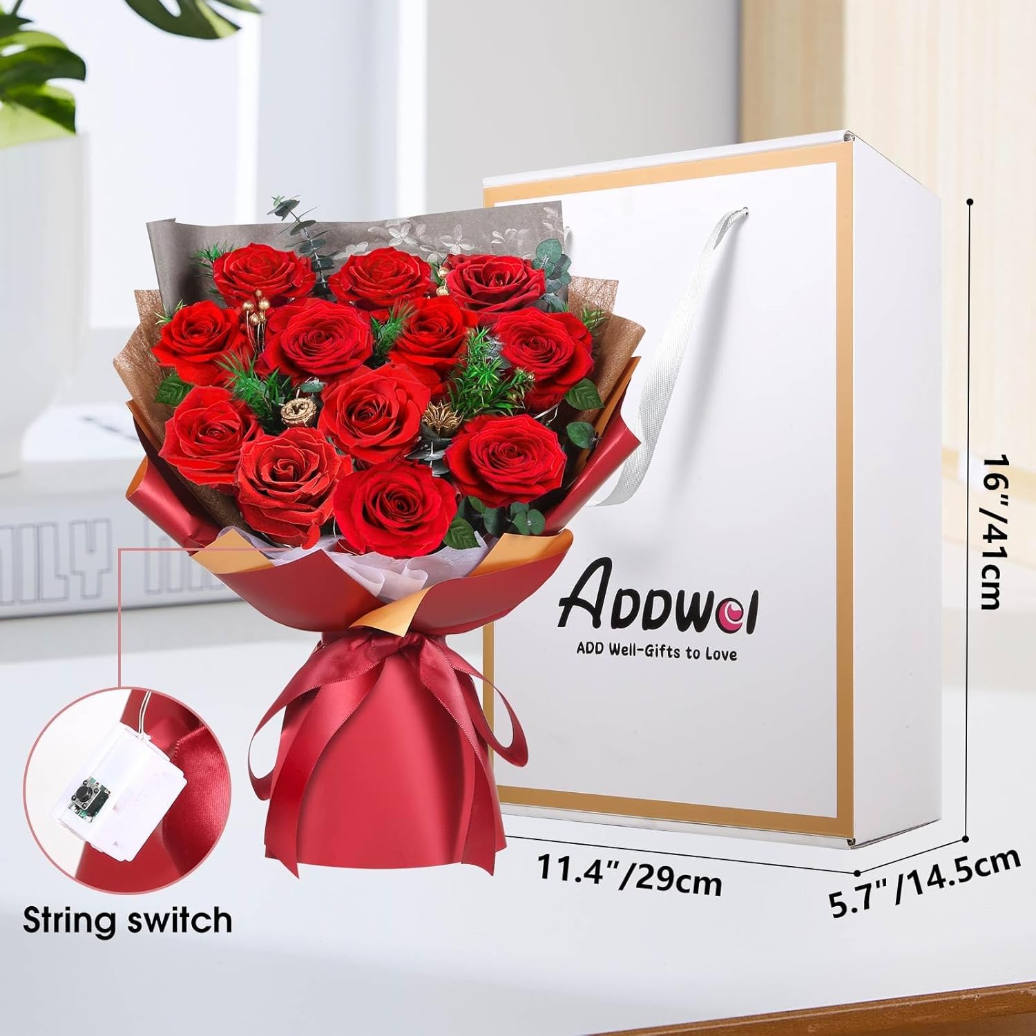 ADDWel 12 Preserved Red Roses Bouquet - Real Roses That Last Years, Romantic Anniversary & Birthday Gifts for Wife, Girlfriend - A Dozen Flowers for Delivery, Present for Her, Mom