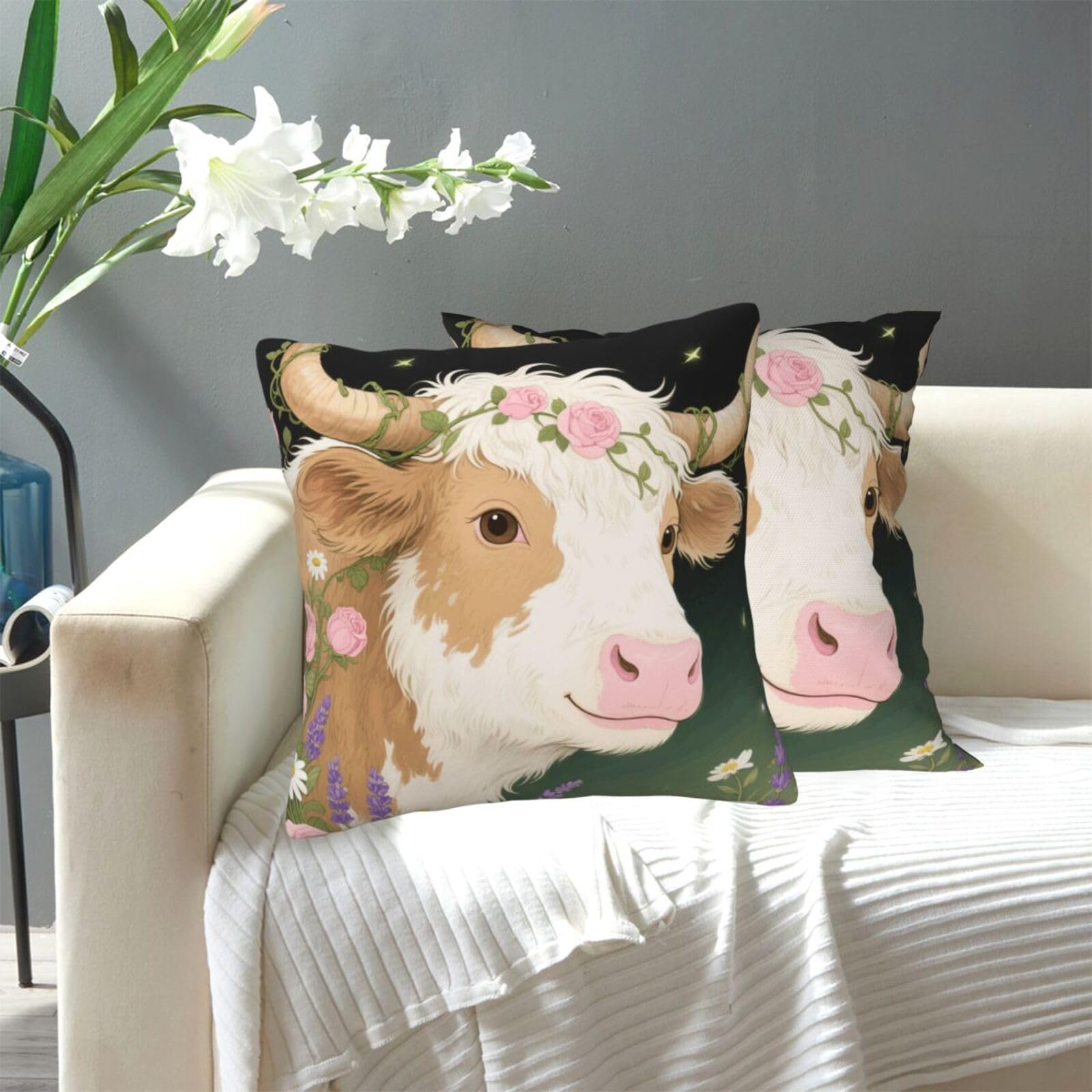 FekiLoot Decorative Throw Pillow Covers Modern Farmhouse Pillowcase Double Sided Cozy Cushion Cover for Sofa Couch Bed 16"X16" Cattle Floral