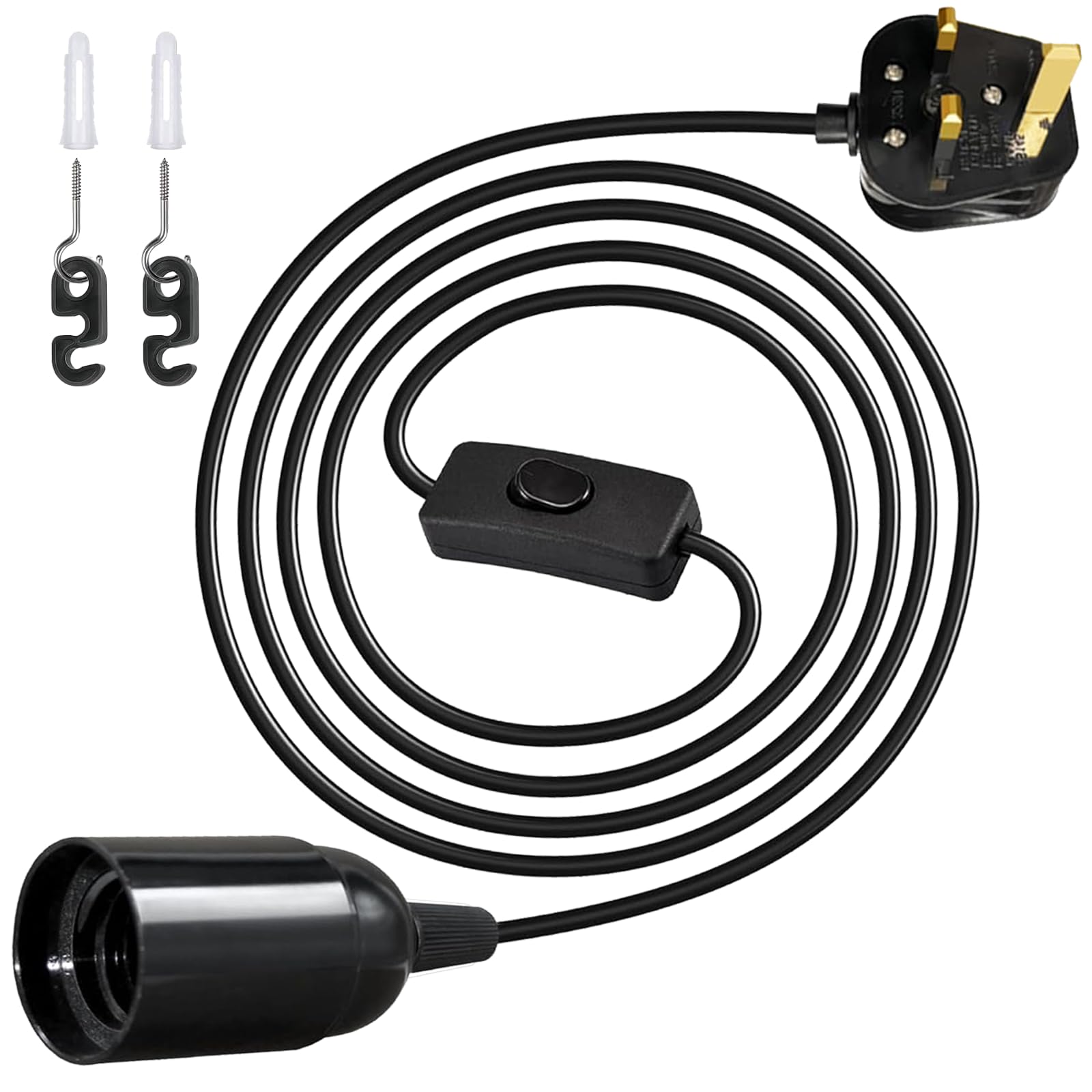 E14 Salt Lamp Replacement Plug in Light Fitting, Lamp Cable with Lamp Holder Inline Switch and Plug, 250V 4A Extension Hanging Lamp Standard Pendant Light Cord for Loft Garage, Black 1.8M