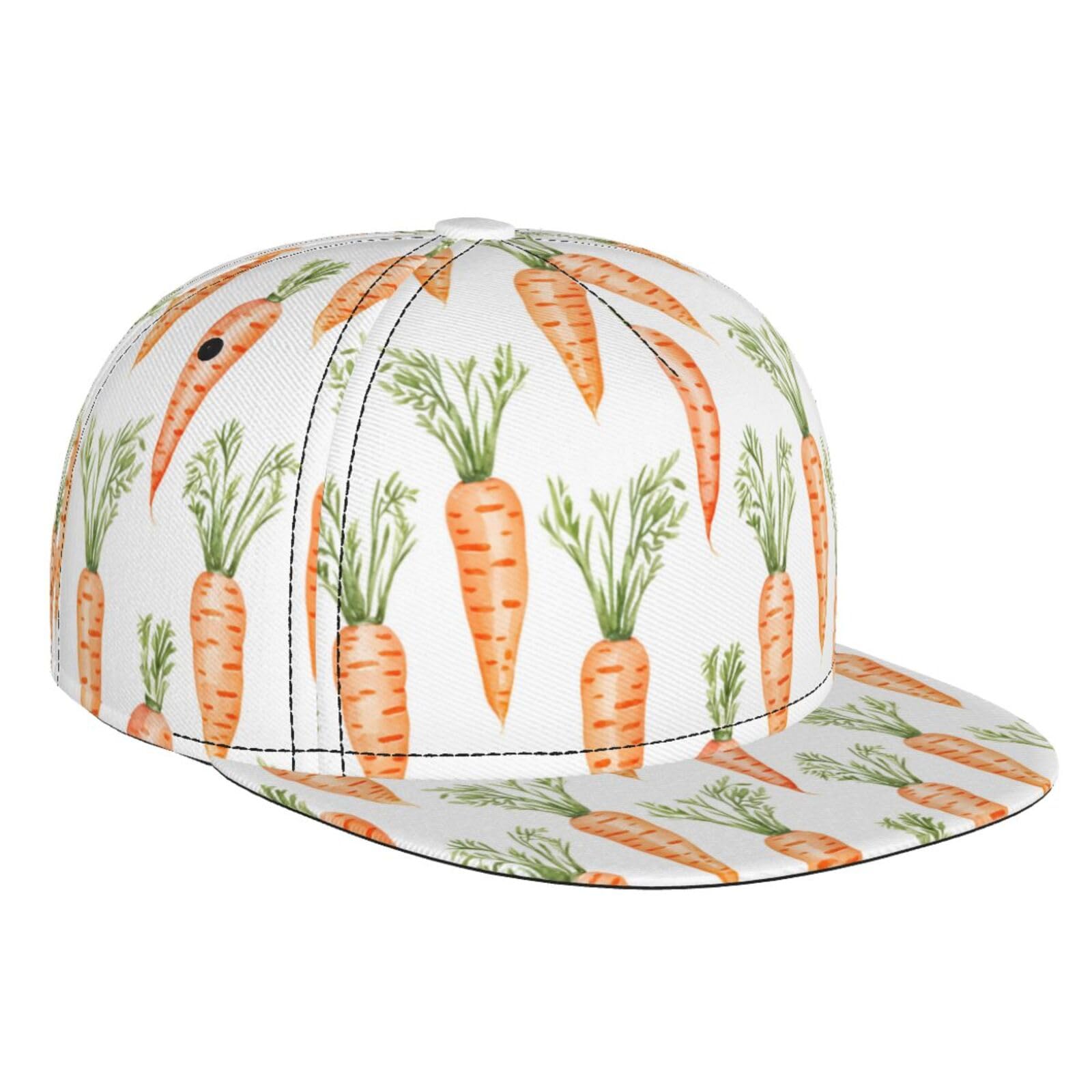 BuewutiryFlat Bill Baseball Cap for Women Men - Leaf Carrot Pattern White Adjustable Flat Trucker Hats Snapback Hats Dad Hats for Men