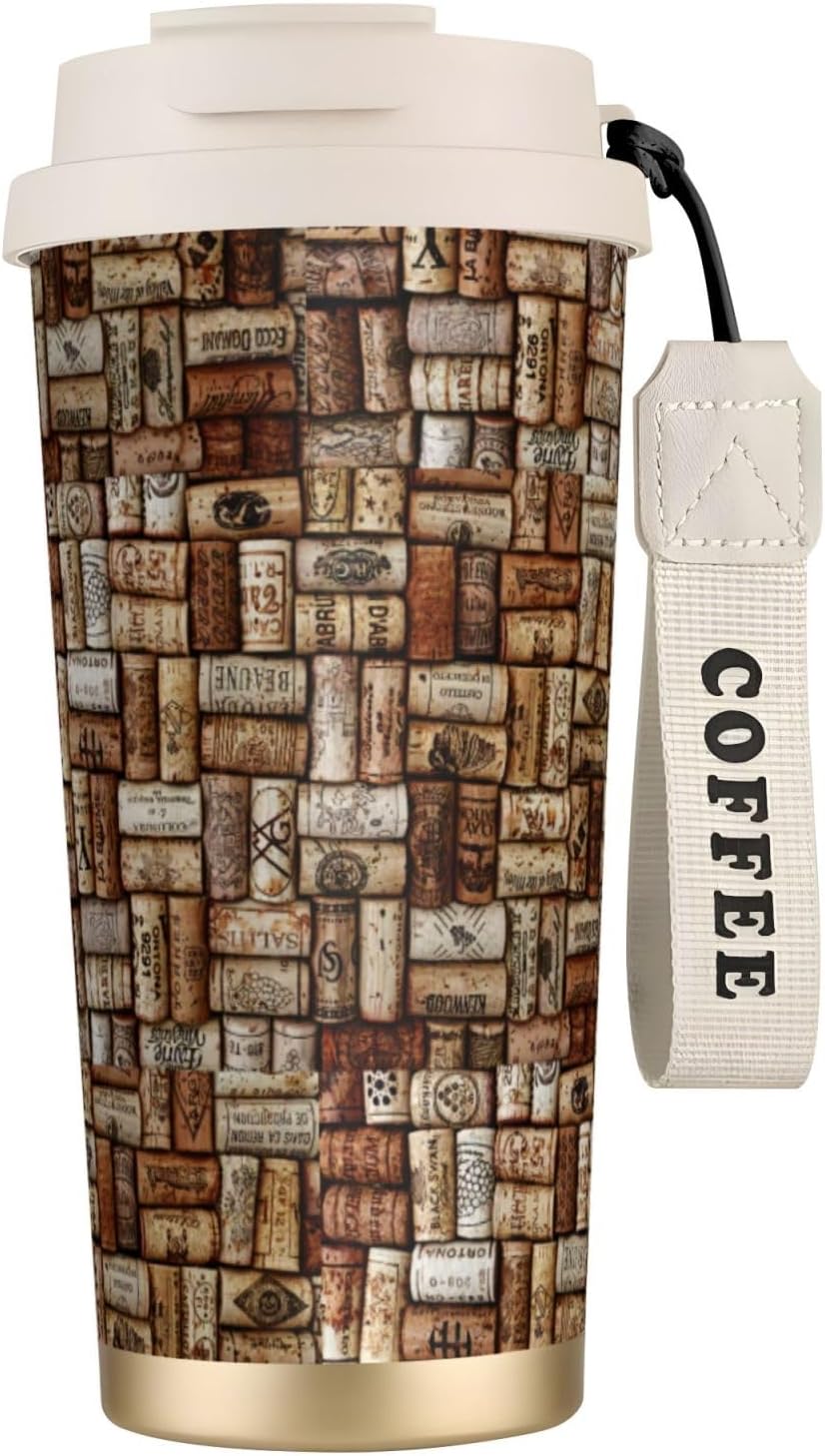 Wine cork Print Leakproof Insulated Coffee Mug,Stainless Steel Dual Drink Travel Tumbler,17 OZ