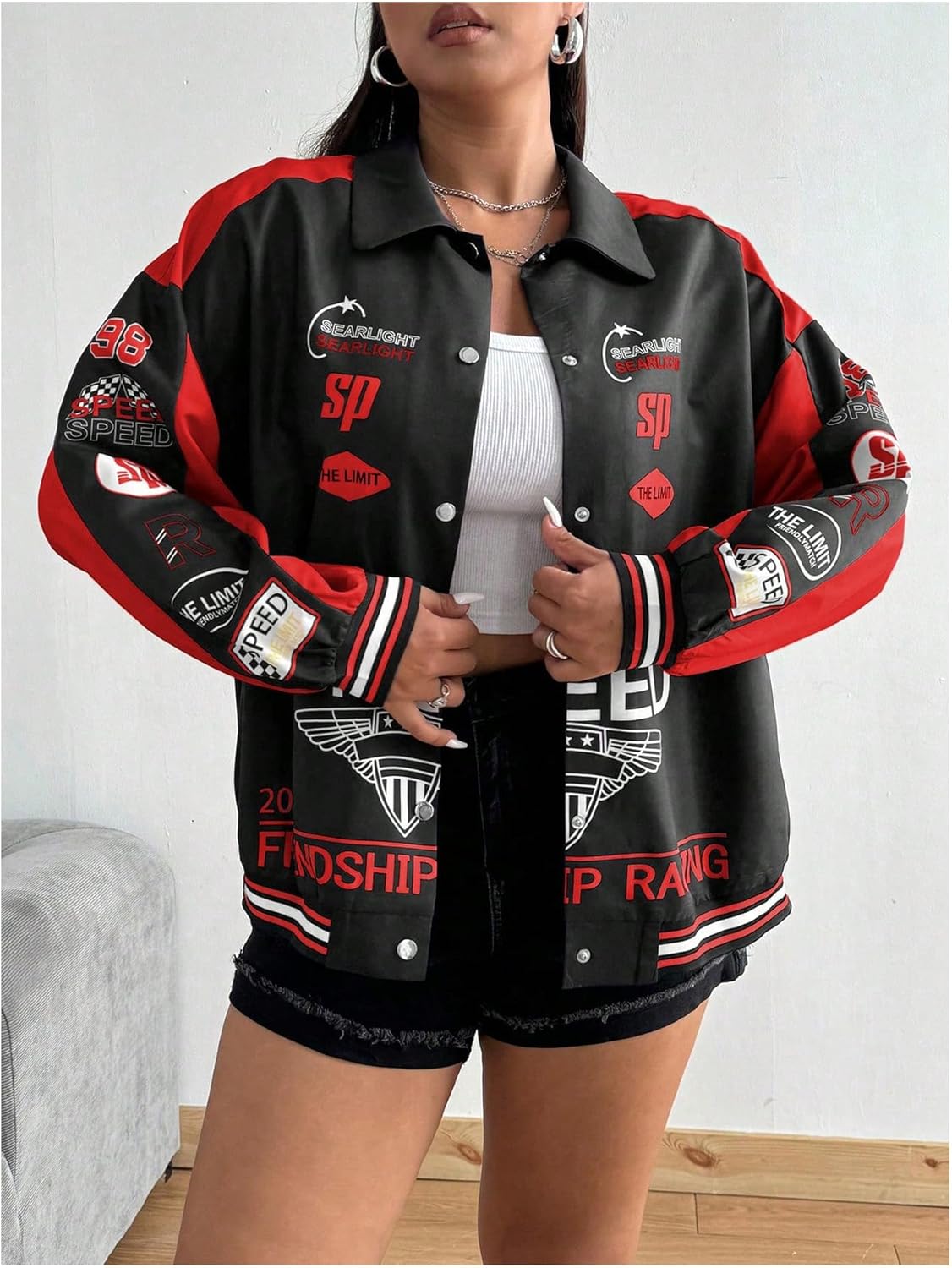 Floerns Women's Plus Size Long Sleeve Button Down Jacket Motorcycle Vintage Racer Jacket