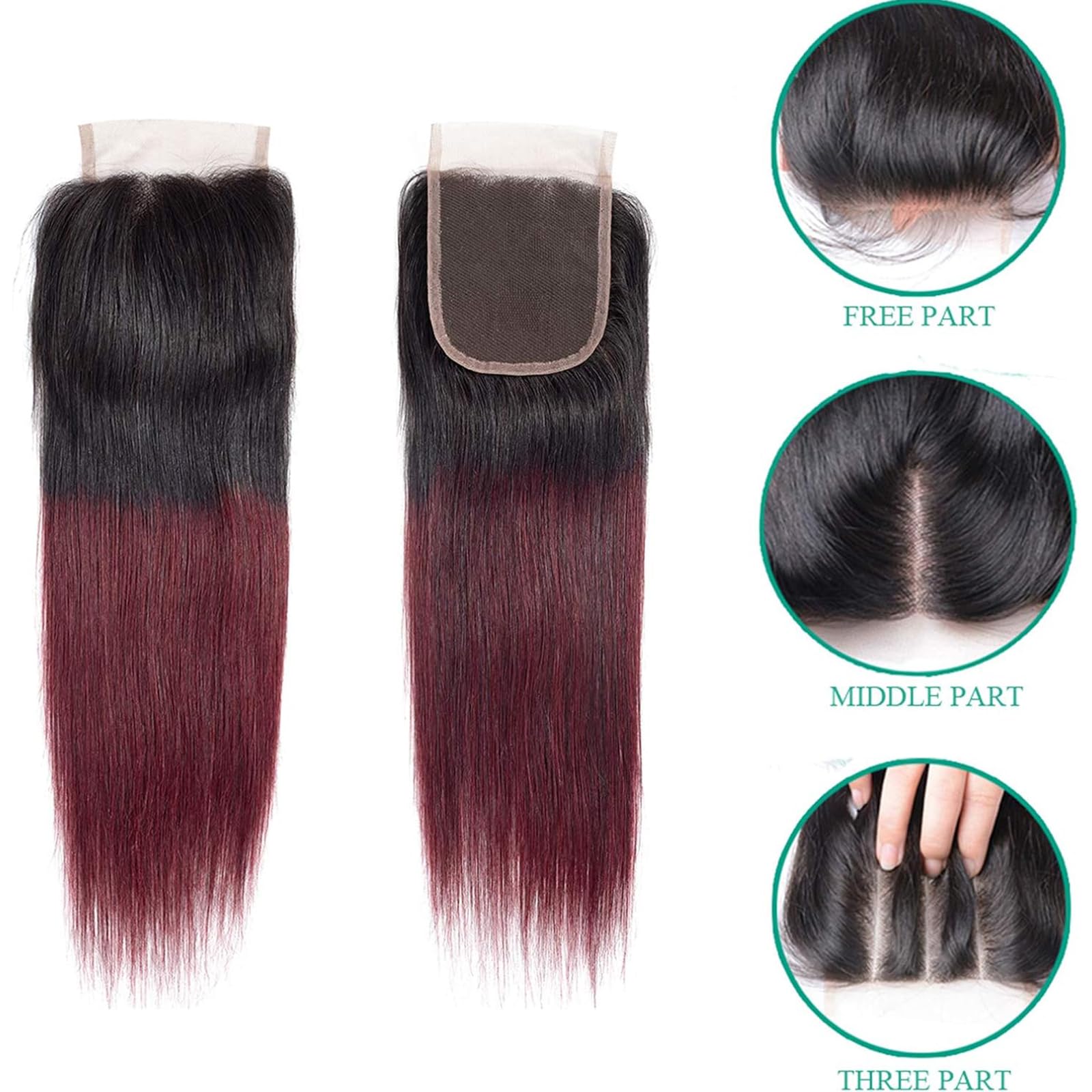 Brazilian Ombre 1B 99J Straight 4x4 Lace Closure 100% Unprocessed Human Virgin Hair Red Wine Pre-Plucked Hairline 2 Tone 1b/99j Front 1B Burgundy Closure 18 Inch - Image 2