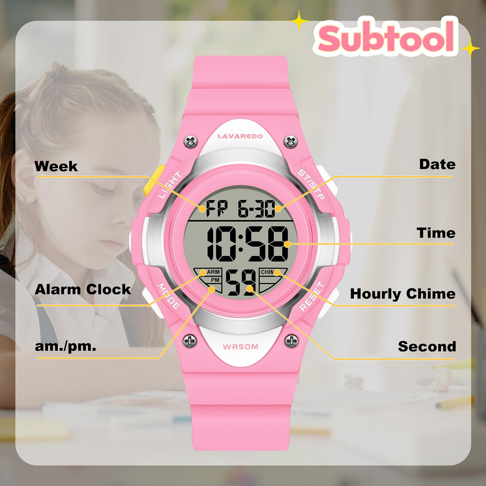Timever Orologio Digitale Bambina Bambino con cinturino in silicone, impermeabile 5 ATM, orologio sportivo da polso ragazza ragazzo con sveglia, cronometro, data, luce