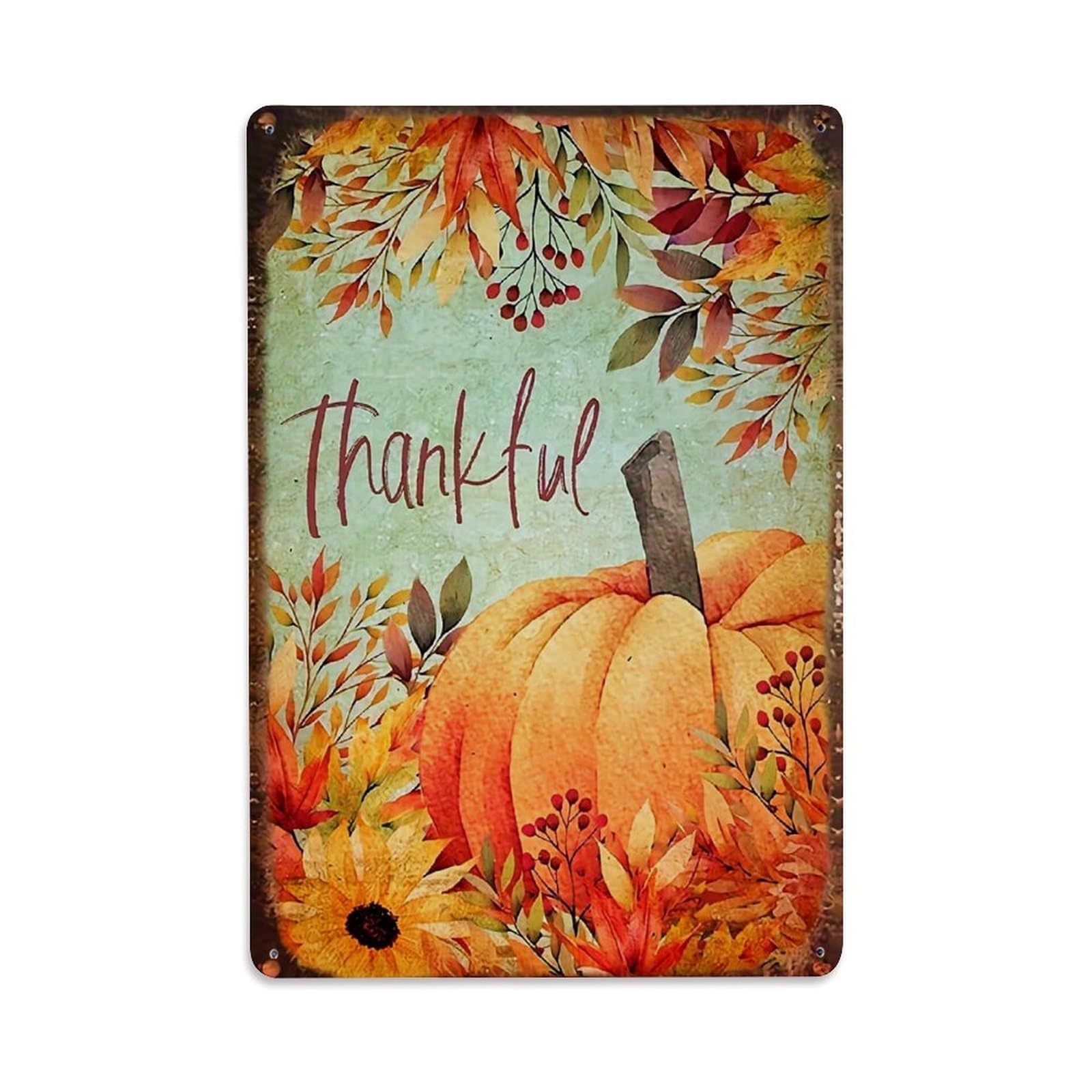 Jdfenggu Vintage Thankful Autumn Pumpkin Leaf Pattern Retro Metal Tin Sign, Metal Poster For Bar, Home, Man Cave, Kitchen, Laundry Room Art Decor 8X12 Inch