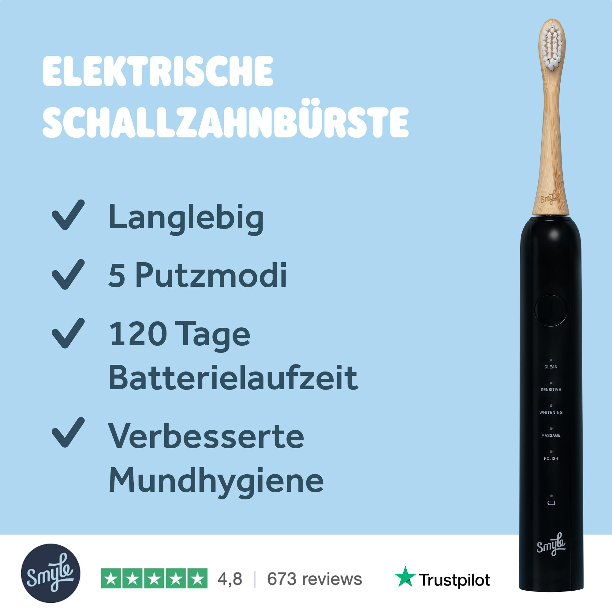 Smyle Zahnbürste - Schwarz Schallzahnbürste – Elektrische Zahnbürste mit 40000 Vibrationen/Min, Sensor & 4 Monate Akkulaufzeit, modernes Design für die tägliche Zahnpflege