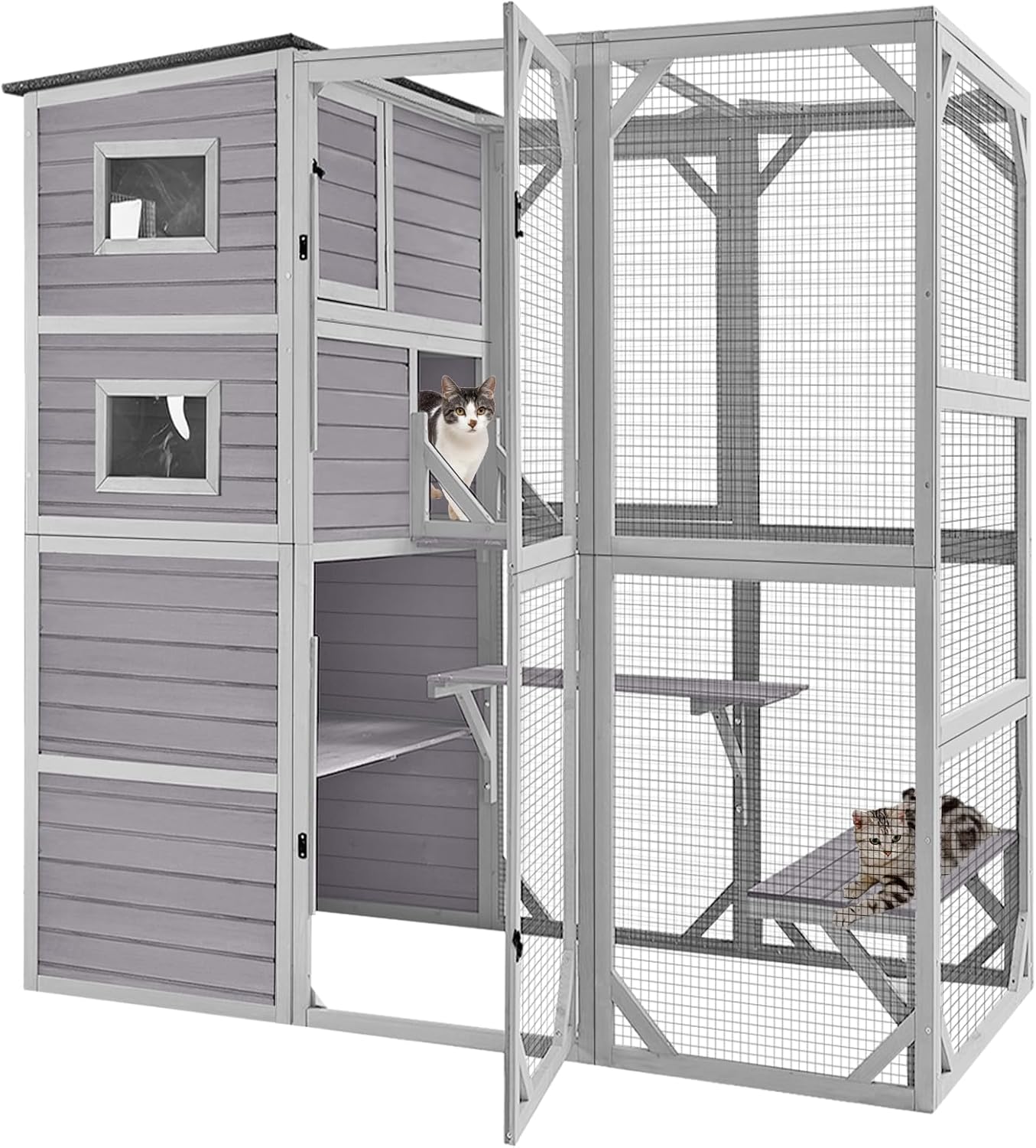 Large Cat Catio Outdoor Enclosure, 4-Tier Wooden Cat House with Jumping Platforms and Resting Rooms, 76.8’’Catio Patio with Weatherproof Roof and Windows, Cat Cage for Patio Yard Balcony (Grey)
