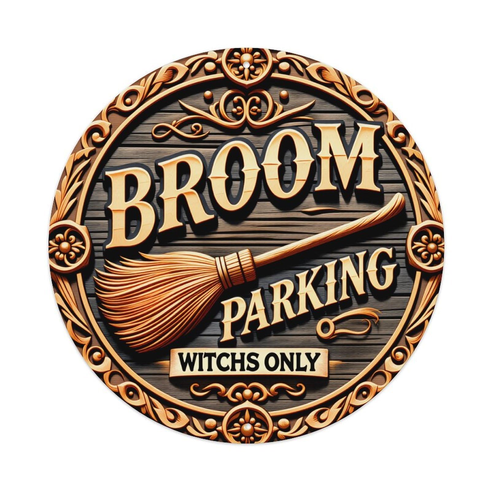 Broom Parking Witches Only Sign Vintage Metal Tin Sign Retro Wall Decor for Home Bar Garage Cafe, Indoor & Outdoor Decorative，circle Metal Poster, 8x8 Inch