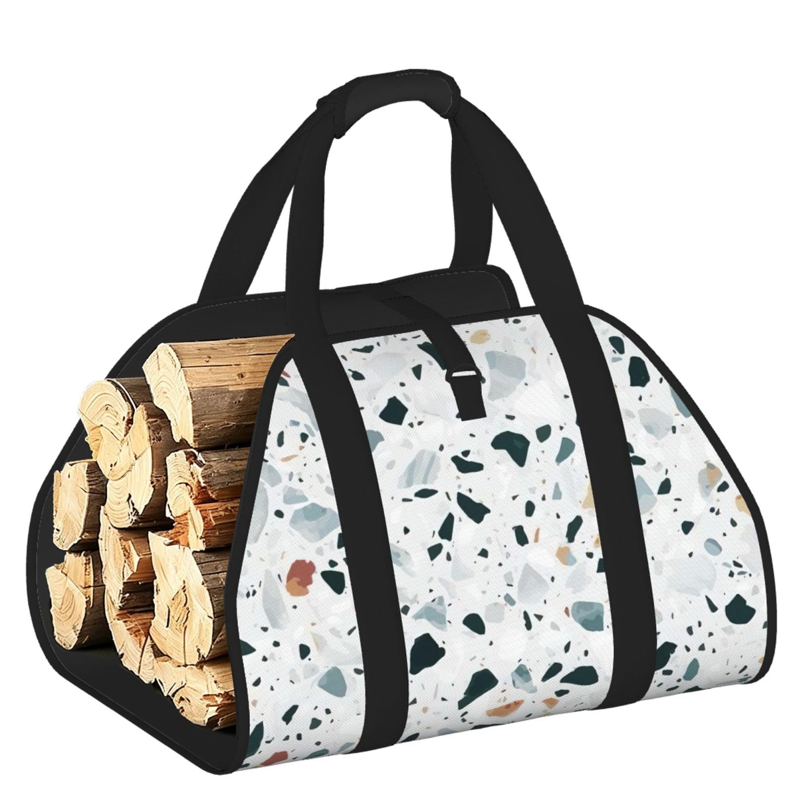 Ayyqwe Black Terrazzo Marble Pastel Print Firewood Bag Wood Waterproof Versatile Camping Picnic Storage Daily Home