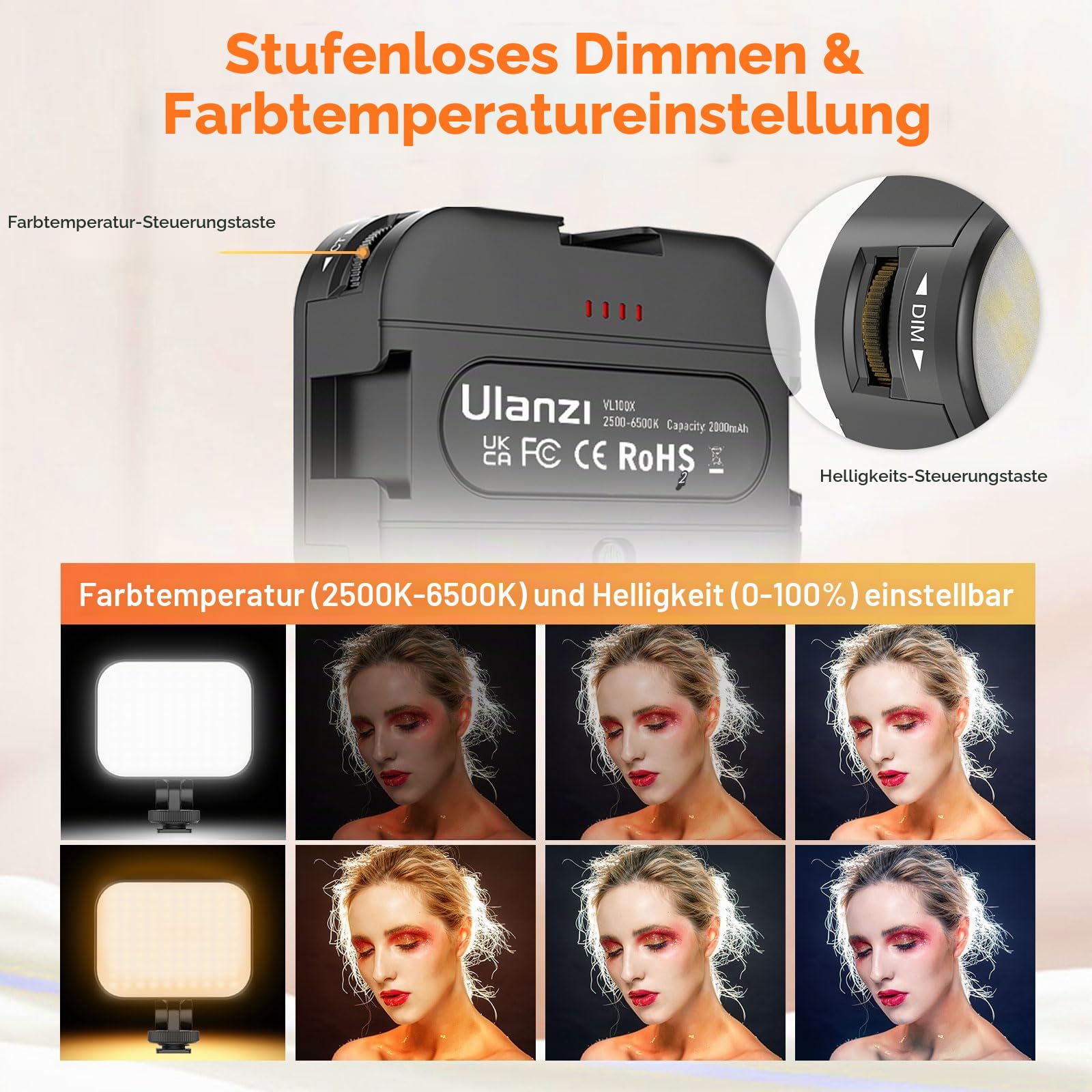 ULANZI VL100X Selfie Licht mit Clip, LED Videoleuchte mit 2000mAh Akku, Kamera Licht dimmbare 2500-6500K, CRI 95+, 3 Lichtmodi, Videolicht für Handy, Tablet, iPad, Laptop, YouTube, TikTok