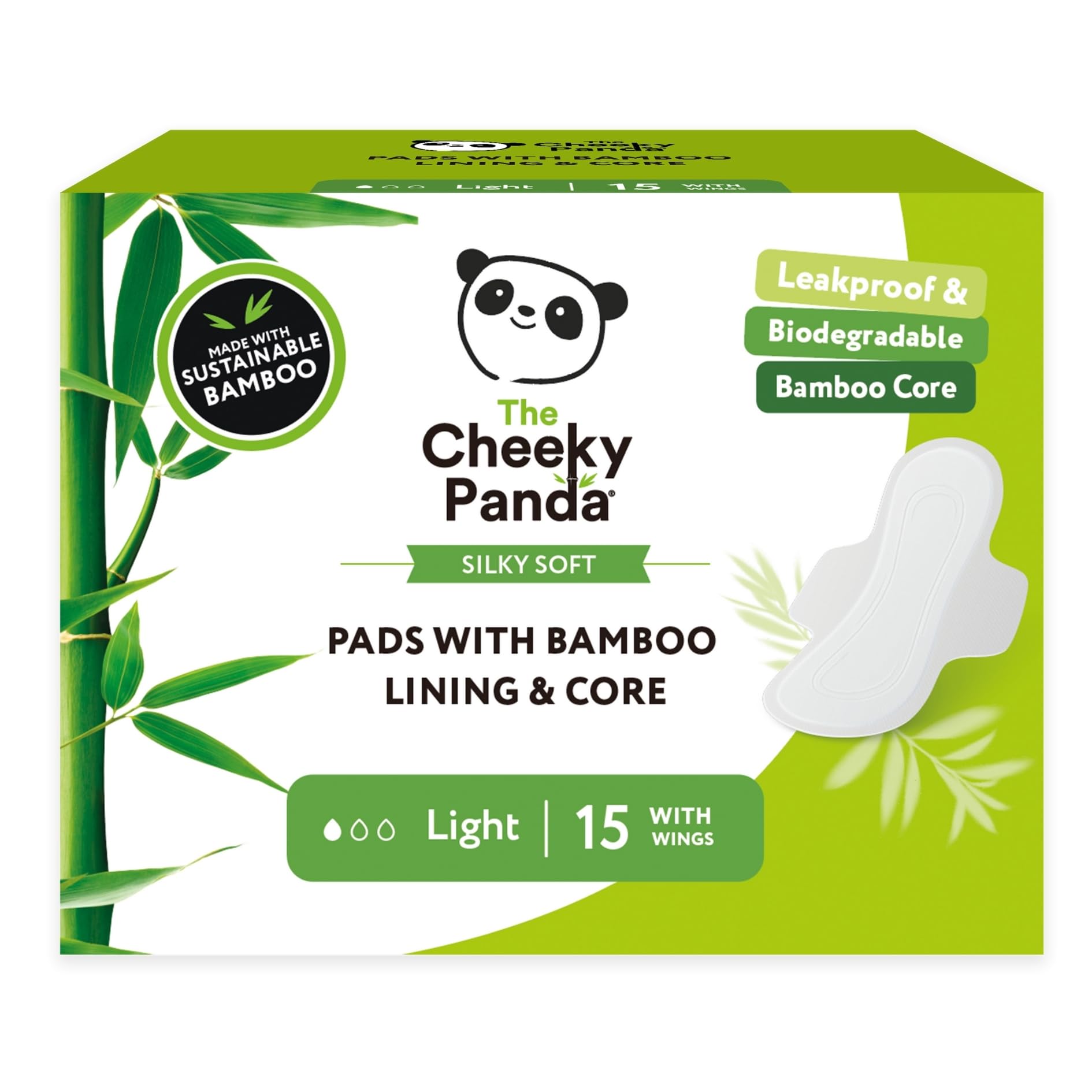 The Cheeky Panda Podpaski higieniczne z bambusa ze skrzydłami – normalne – 15 podwiązek – super chłonne i nie zawierają plastiku