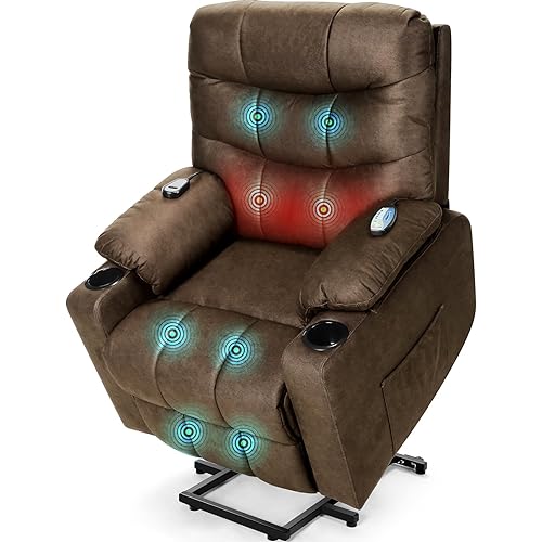 Electric Power Lift Recliner Chair for Elderly, Lift Recliner Chair with Massage and Lumbar Heat, 150° Reclining Chair with Cup Holders, Side Pockets and Remote Control, Ideal for Living Room (Brown)