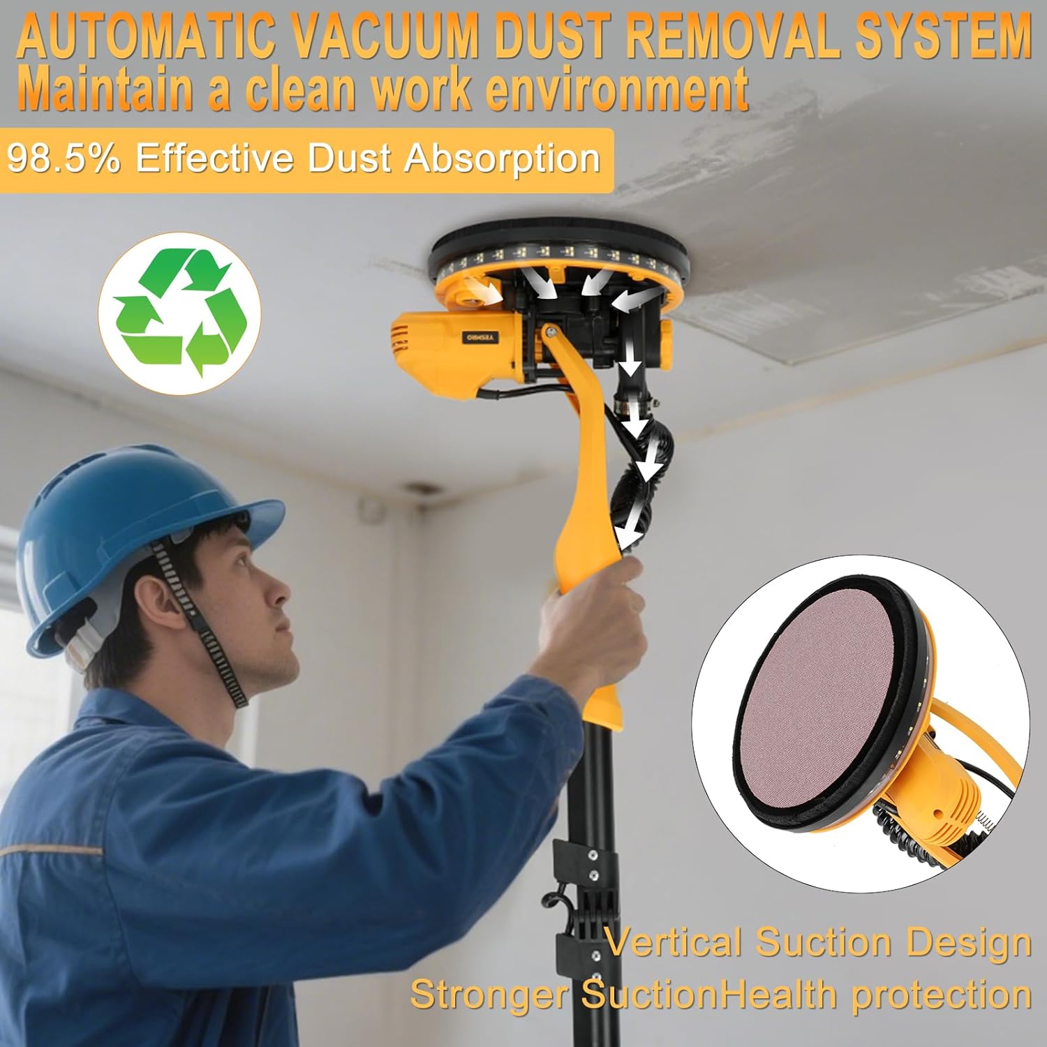 Drywall Sander, 850w Popcorn Ceiling Removal Tool,Variable Speed 800-2100rpm,Double-Deck LED Light, Foldable & Extendable Handle, 10 Sanding Discs