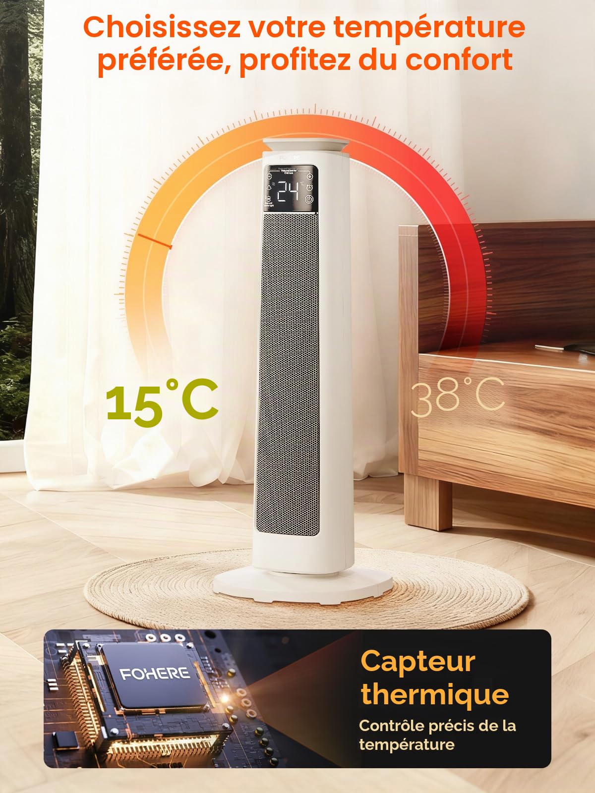 Radiateur d'Appoint pour Grandes Pièces, FOHERE Radiateur Électrique 24" avec Thermostat et Télécommande, Oscillation 70°, Minuterie 12H, Protections, Mode Ventilateur pour Chambre, Bureau, Salon