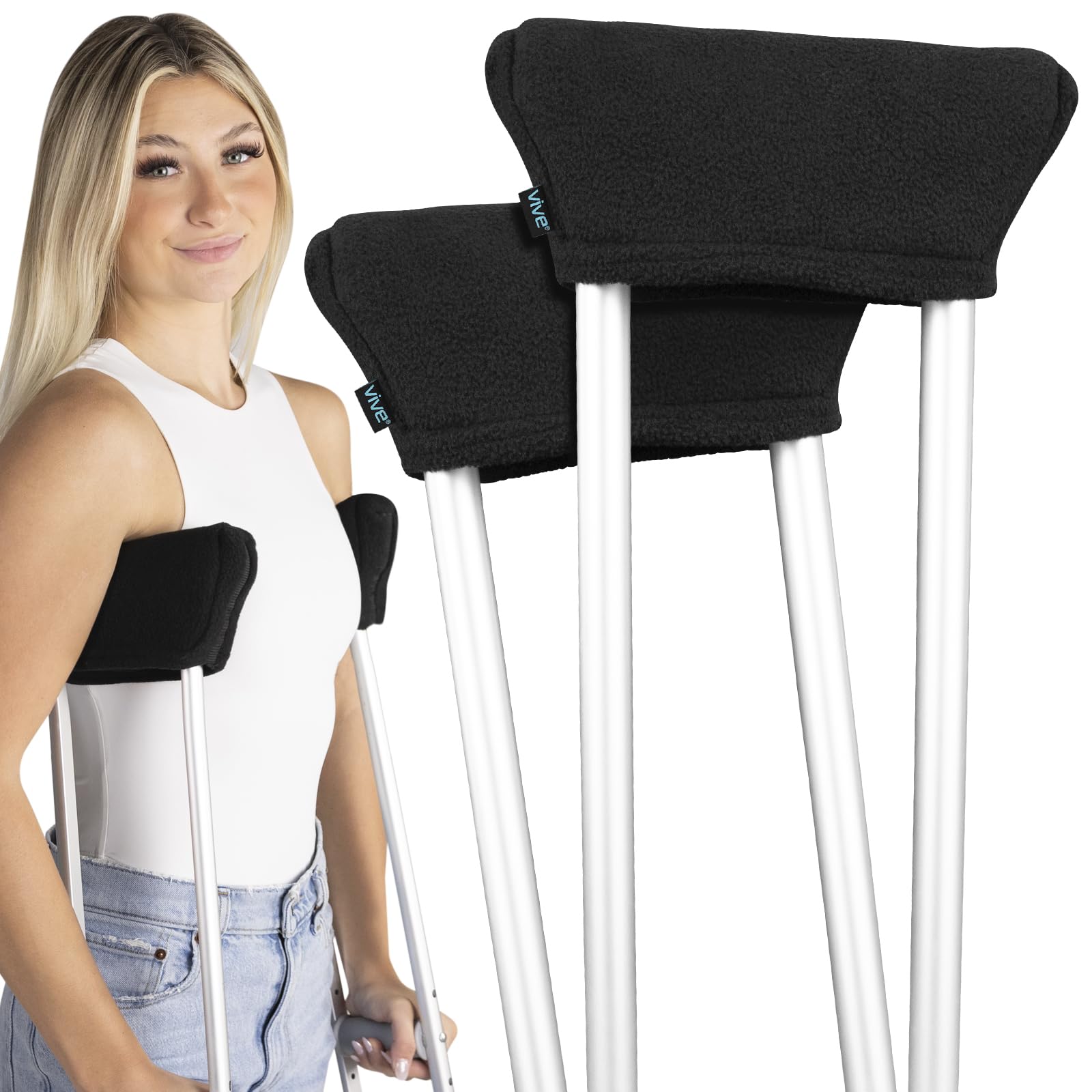 Vive Fleece Crutch Pads - Comfortable Padding for Armpits - Accessory Cover Arm Cushions for Adult & Youth Crutches - Luxurious Soft Fleece with Sculpted Memory Foam Core - Washable & Breathable