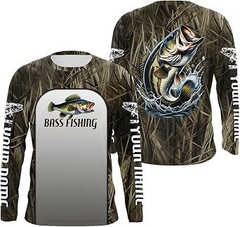 Largemouth Bass Fishing Grass Camo Custom Long Sleeve Fishing Shirts, Bass Tournament Fishing Jersey