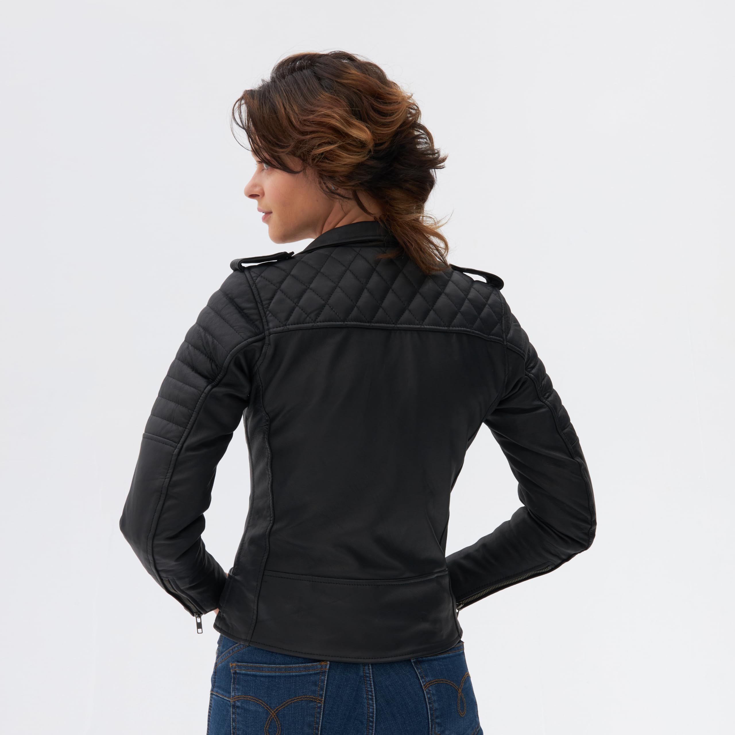 OZONE MOTO Modern Lady Motorradjacke Damen | Ziegenleder | Ellbogen und Schulterprotektoren Stufe 1 | Rückenprotektortasche | Moderner Retro Look | Größen bis 8XL