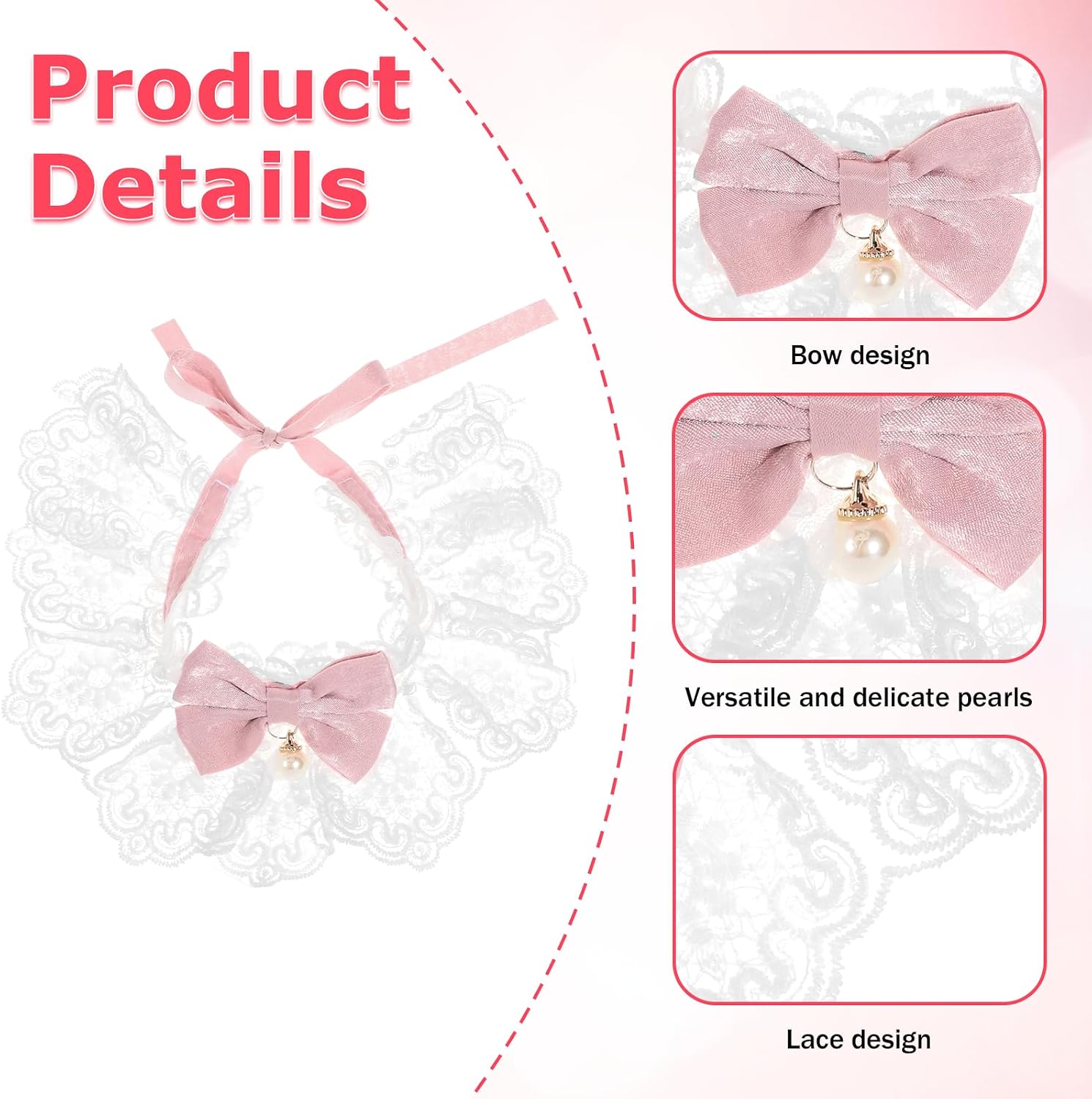 Cat Bow Collar, Breakaway Kitten Collar with Cute Bow Tie Girl Cat Collars Cats Princess Costumes Pink Outfit for Kitty and Some Puppies Birthday Party (Pink, M (7-11lbs)) image 3
