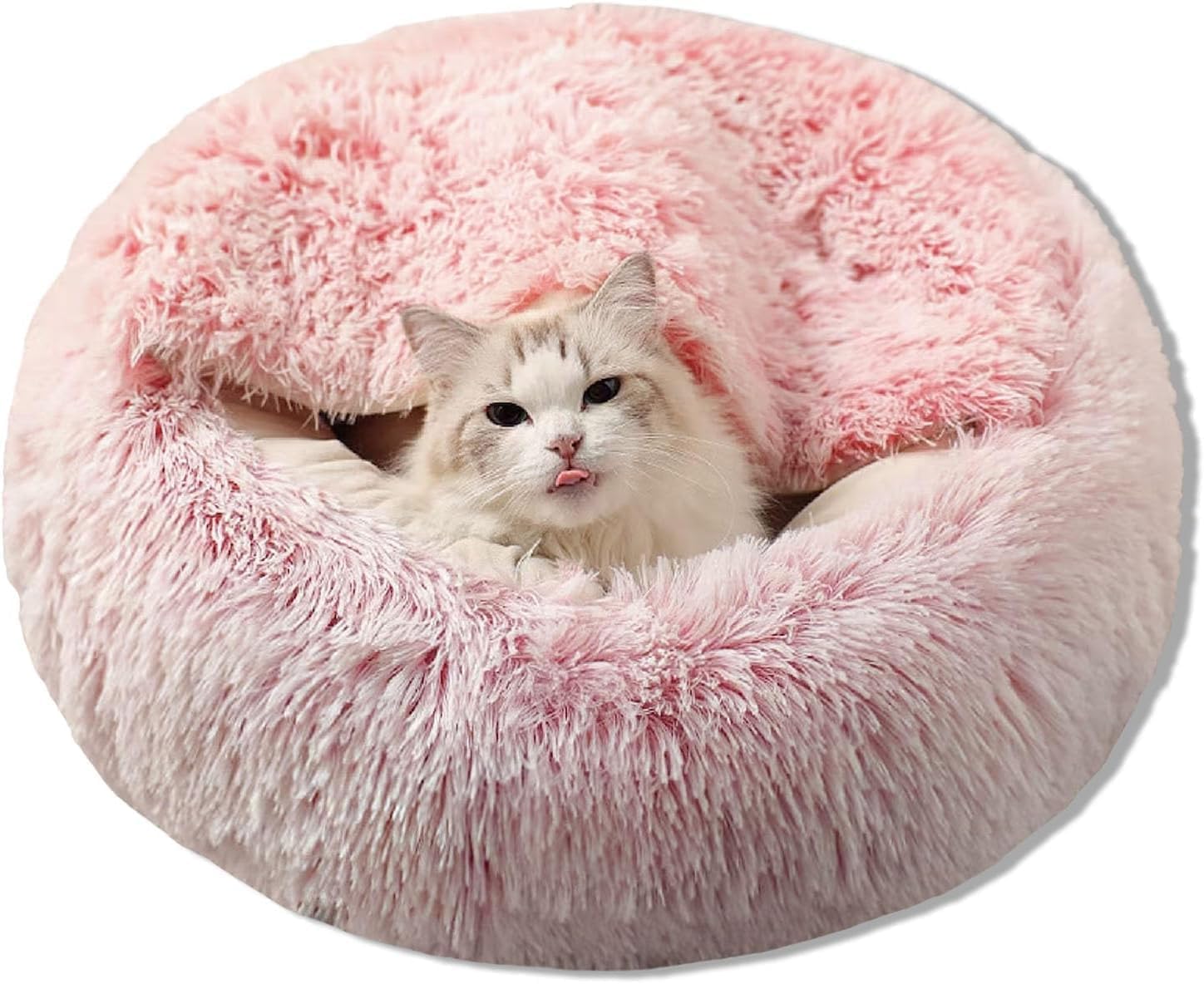 20inch Calming Pet Beds, Dog Bed & Cat Cave Bed with Hooded Cover, Cozy, Machine Washable, Anti-Slip&Waterproof (Pink)