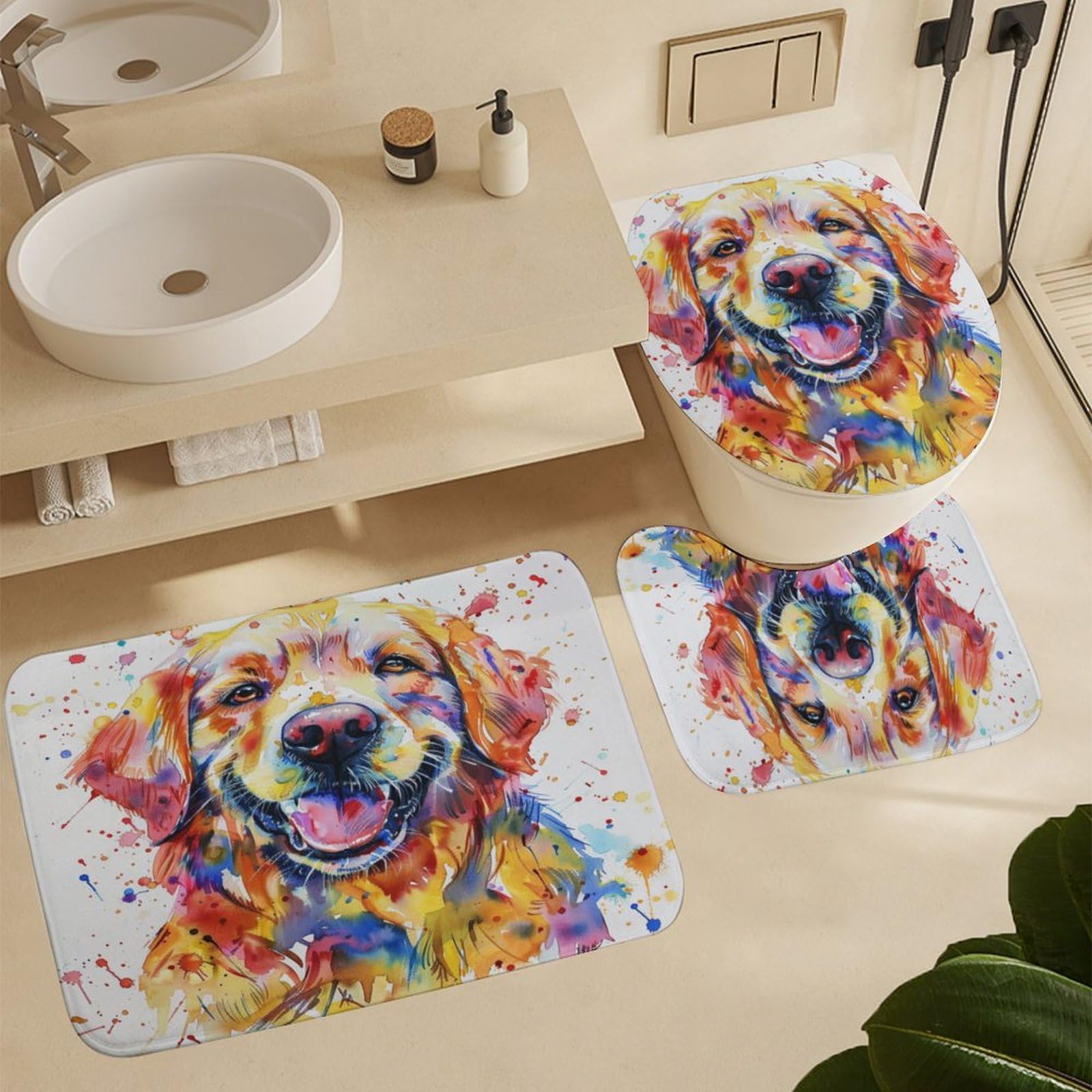 Set di 4 tende da doccia con motivo a cane e animale, con copriwater, tappetino a forma di U e tappetini antiscivolo, set di tende da doccia con simpatico Golden Retriever e acquerello, arredo bagno,