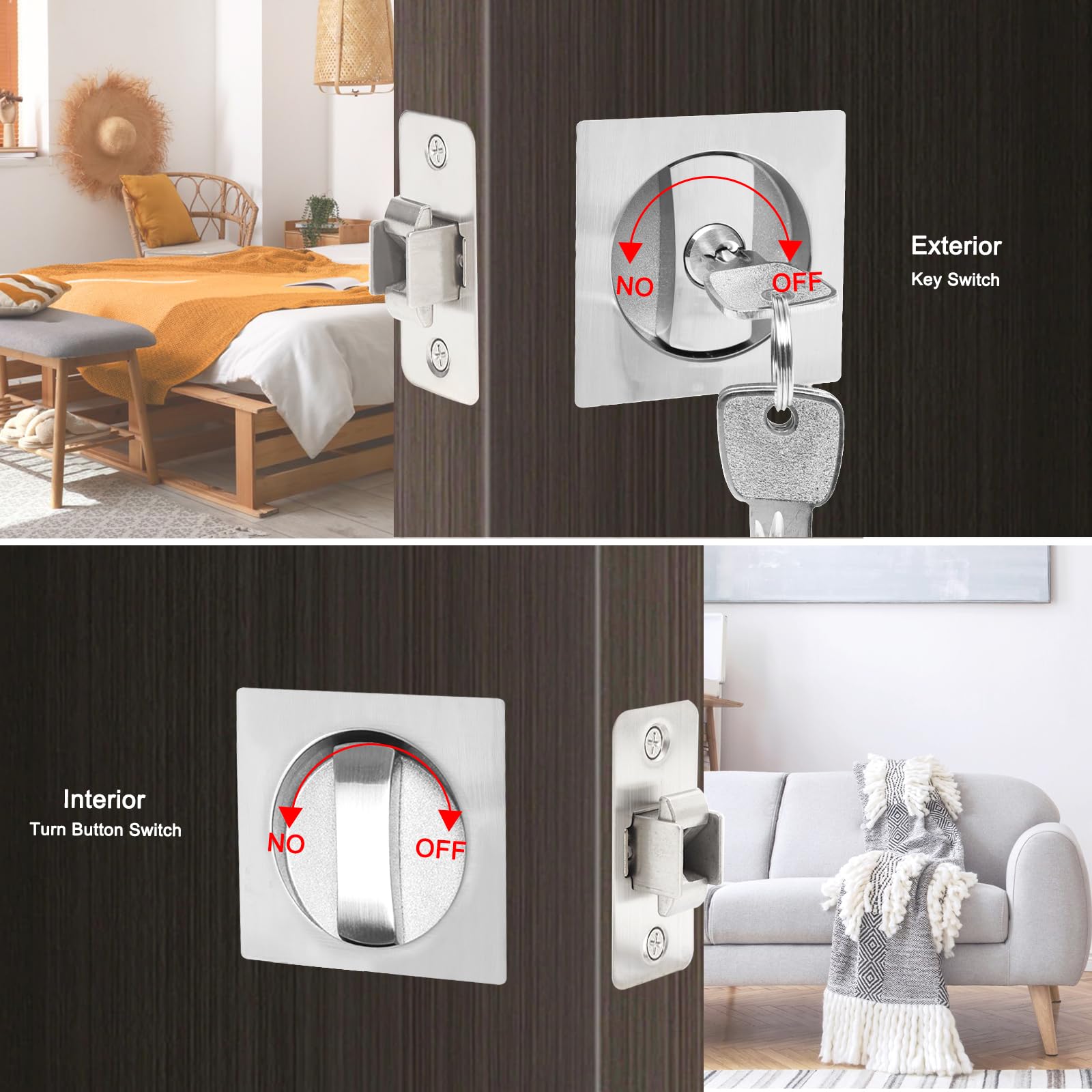 Dontay Cerradura de puerta de bolsillo con llave, pestillo contemporáneo para puerta corredera de granero, empotrable de 2 lados, respaldo de 2 3/8 pulgadas (2, níquel cepillado)