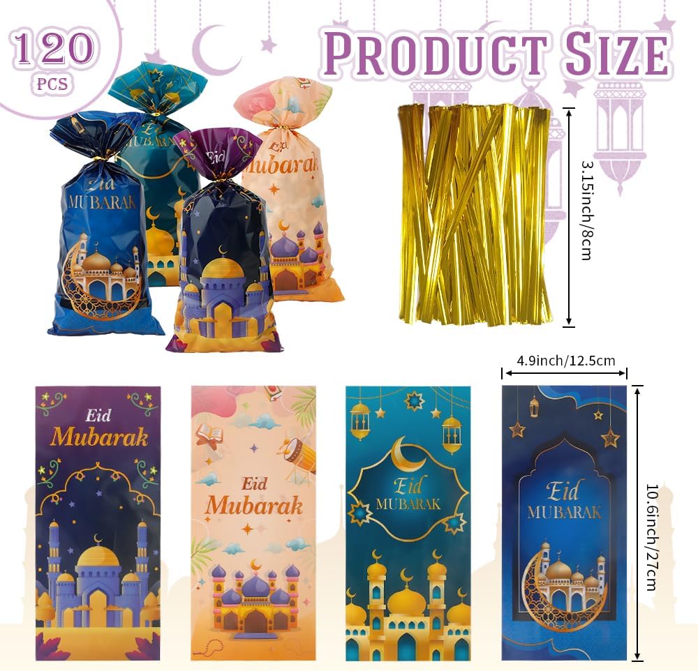 Ramadan Cellophane Treat Bags, Eid Mubarak Candy Bags, 120 PCS Plastic Eid Mubarak Ramadan Gift Bags Goodie Bags Cookie Bags with Twist Ties for Islam Muslim Eid Mubarak Ramadan Party Favor Supplies - Image 2
