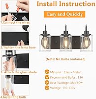 Vista 7 de 3 luces para tocador de baño, lámpara de pared de granja en negro con pantalla de vidrio transparente, lámpara de pared moderna para espejo