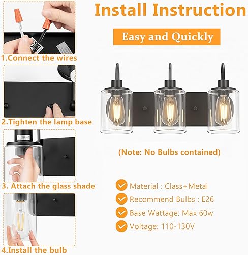 Miniatura 7 de 3 luces para tocador de baño, lámpara de pared de granja en negro con pantalla de vidrio transparente, lámpara de pared moderna para espejo,