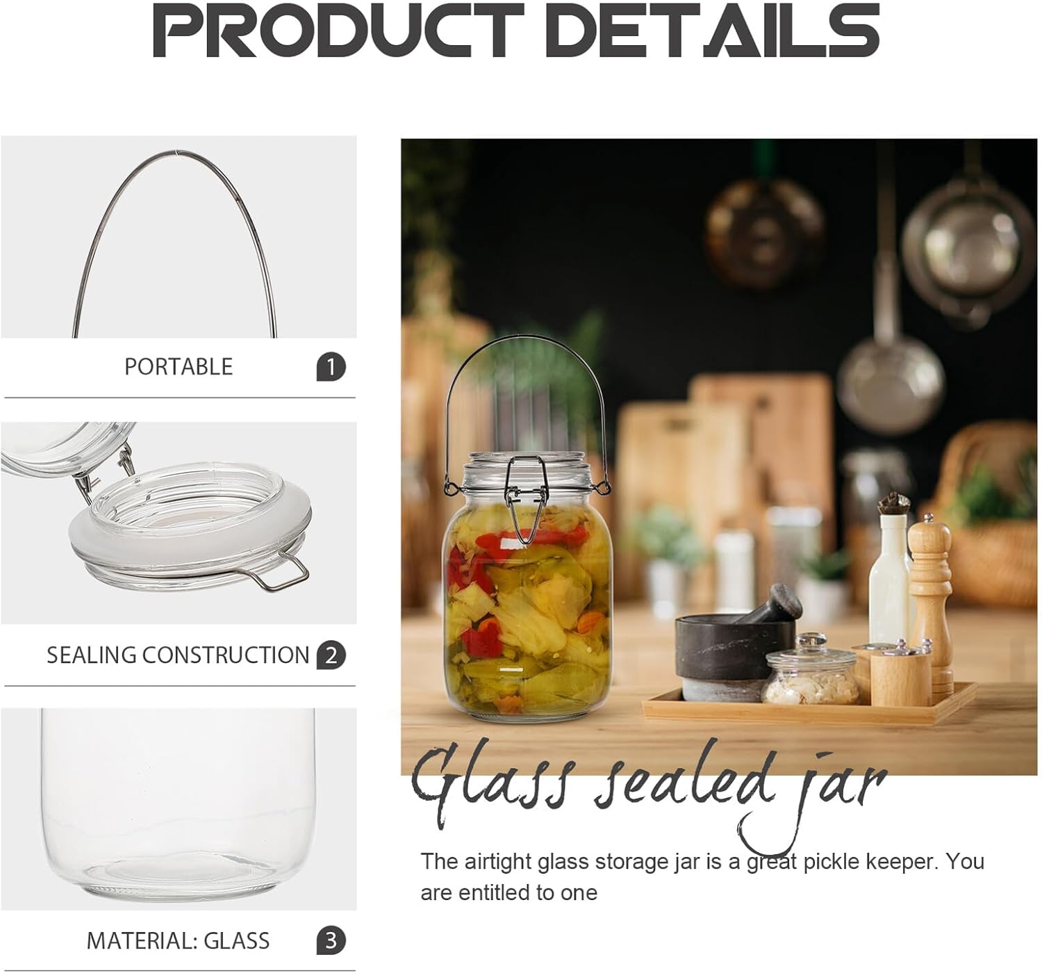 TOYANDONA Glass Sealing Canister 1.5l Square with Handle, Airtight Glass Food Storage Jar for Kitchen Pickles, Grain, and Cereal Preservation