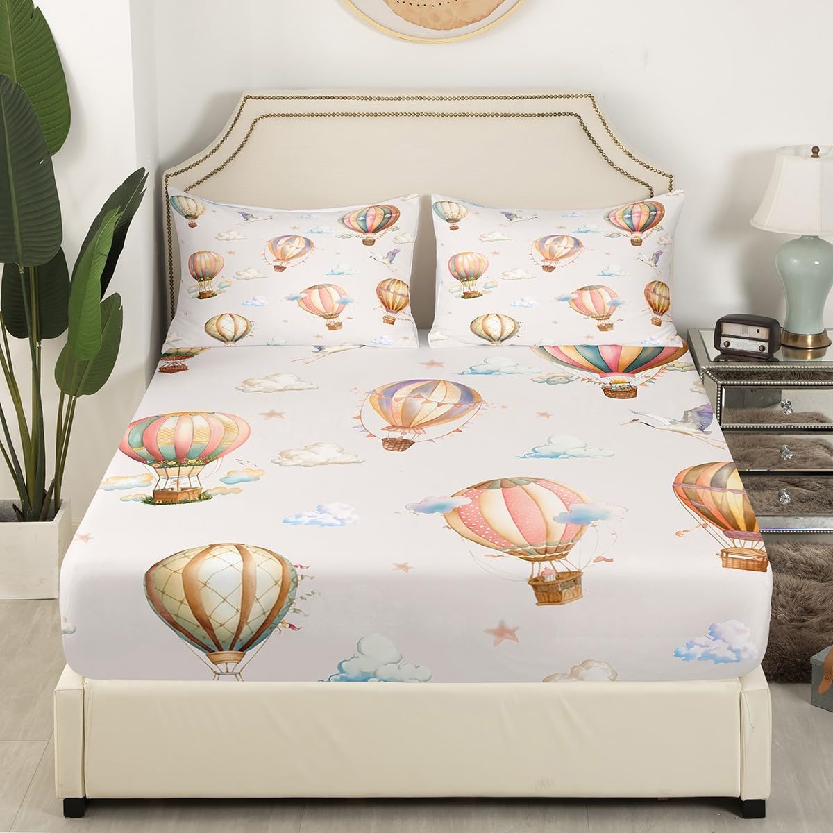 Hot Air Balloon Kids Fitted Sheet Twin Size,Cloud Starry Sky Cartoon Balloons Bedding Set,Boys Girls Room Decor,White Crane Bird Animal Bed Cover,Beige Bed Sheet,1 Pillowcase
