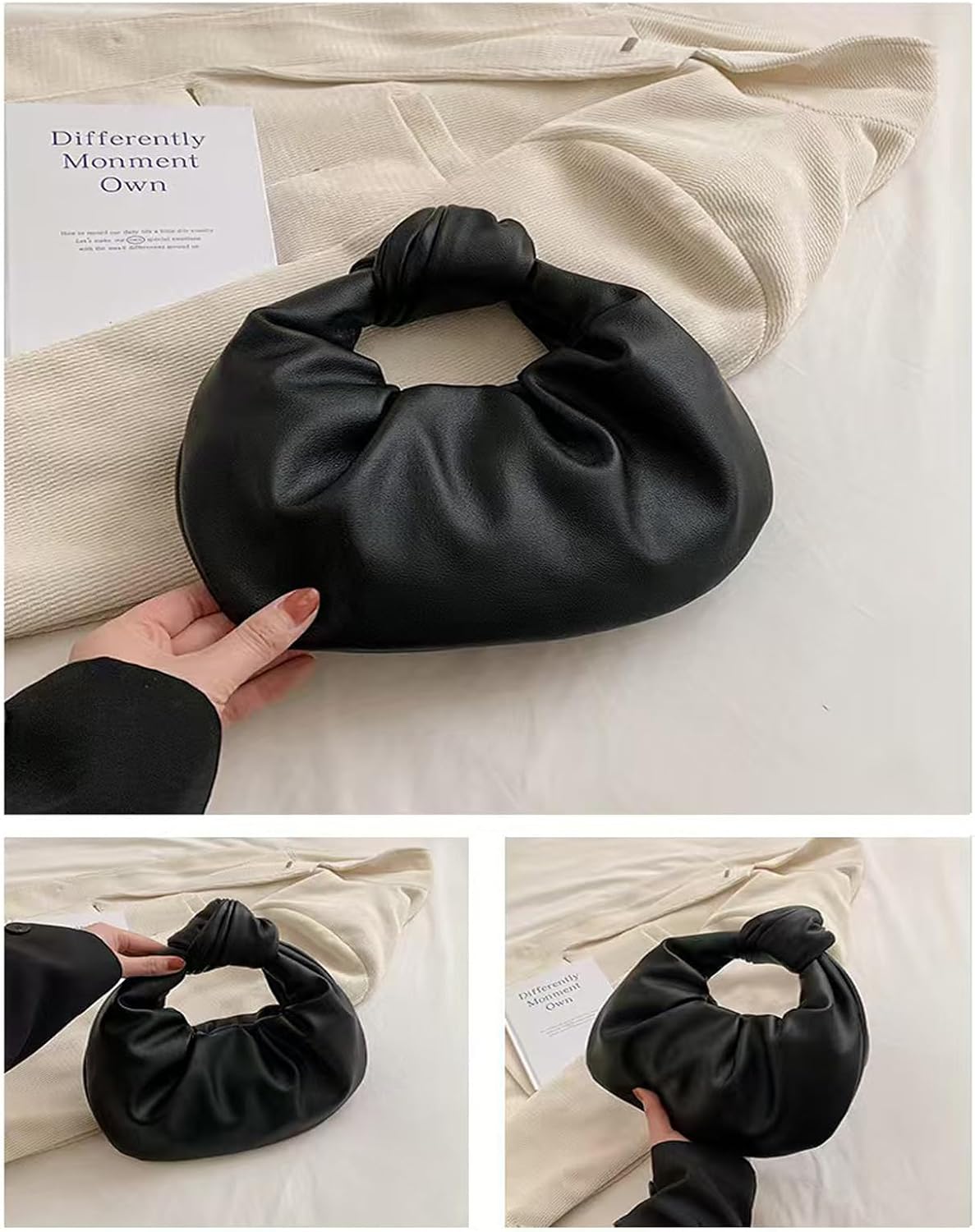 Fashion Ruched Hobo Handbag Soft PU Leather Cloud Knotted Clutch Tote Purse Ruched Pouch Bag Shoulder Bag for Women - Image 3