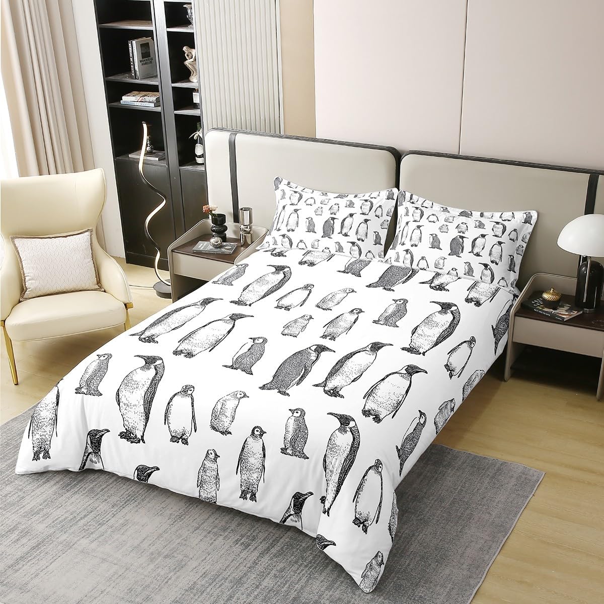 Erosebridal 100% Cotton Penguin Bedding Set Queen Size, Antarctic Animal Duvet Cover for Kids Boys Girls Children, Winter Theme Comforter Cover Penguin Sketch Quilt Cover Decorative, Grey White