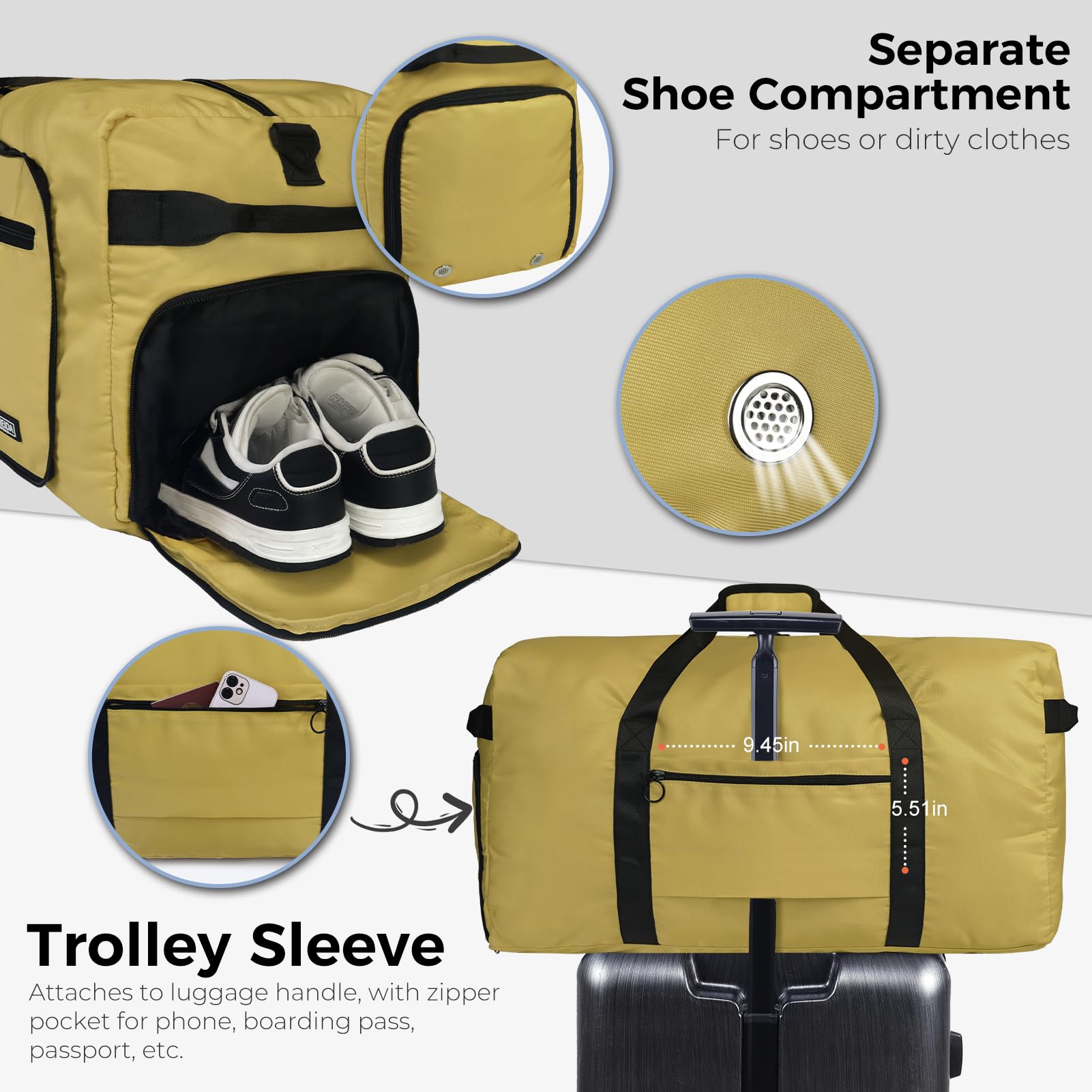 Fmeida 65L Borsone da Viaggio Unisex Adulto, Grande Borsone Palestra con Scomparto per Scarpe e Tracolla, Impermeabile Duffel Bag Borsa Sportivo
