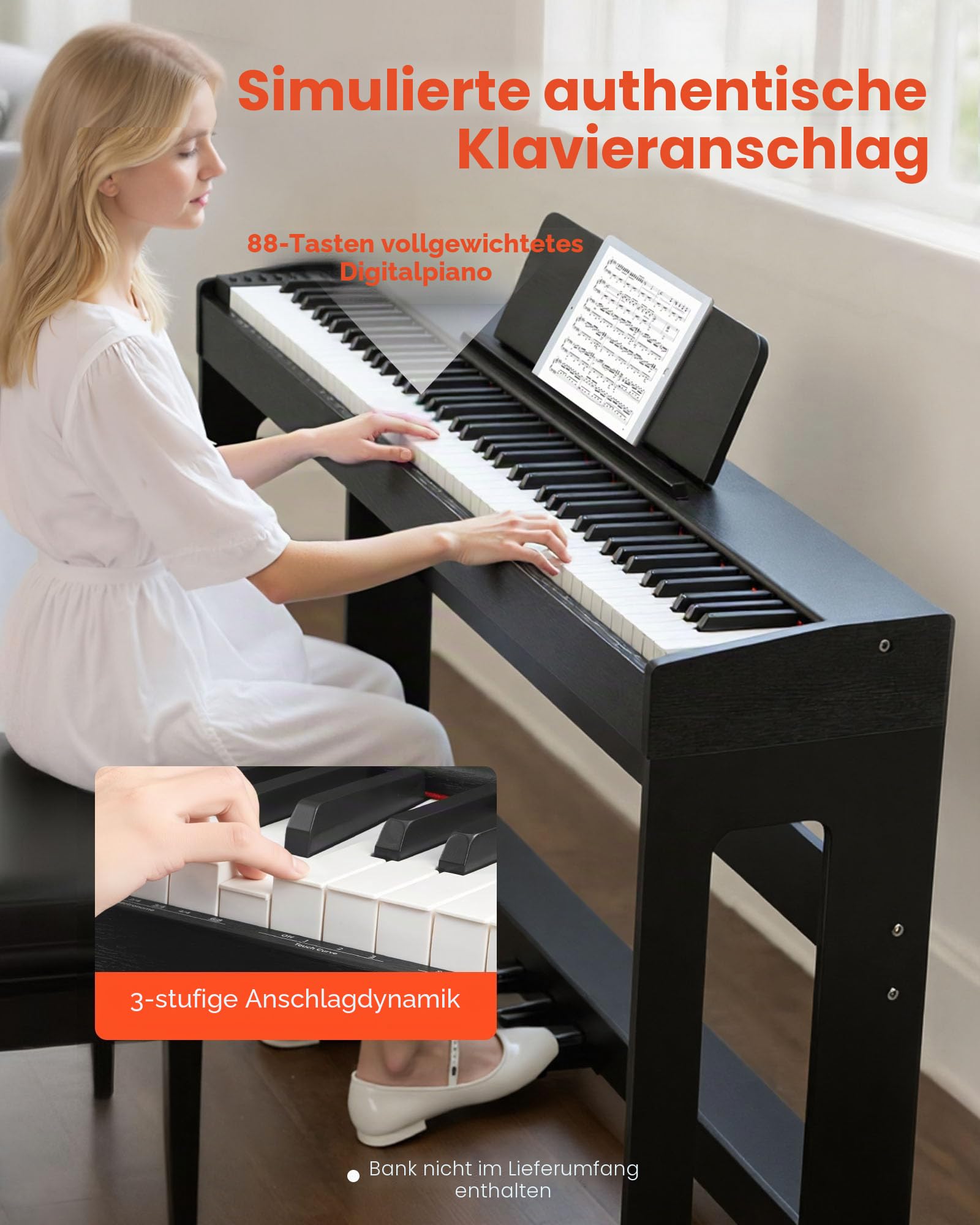 VEVOR Digitalpiano, 88 Tasten vollgewichtet anschlagdynamisch, E-Piano mit Möbelständer, Netzadapter, Dreifachpedal, Aufnahmefunktion, 280 Töne, Kabellose Verbindung, für Anfänger, Schwarz