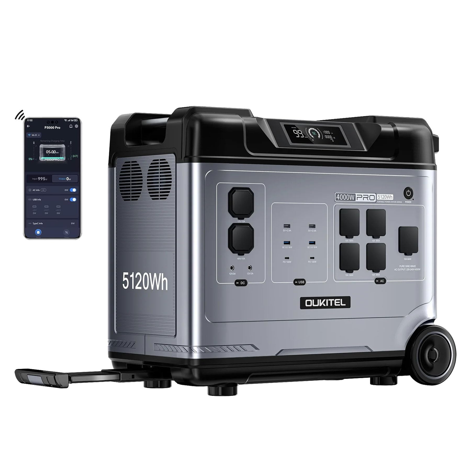 OUKITEL P5000 Pro Generador Solar, Estación de Energía Portátil de 5120 Wh con 5 Enchufes CA de 4000 W (Máxima de 8000 W), Carga Rápida de 3200 W, para Camping, Emergencias
