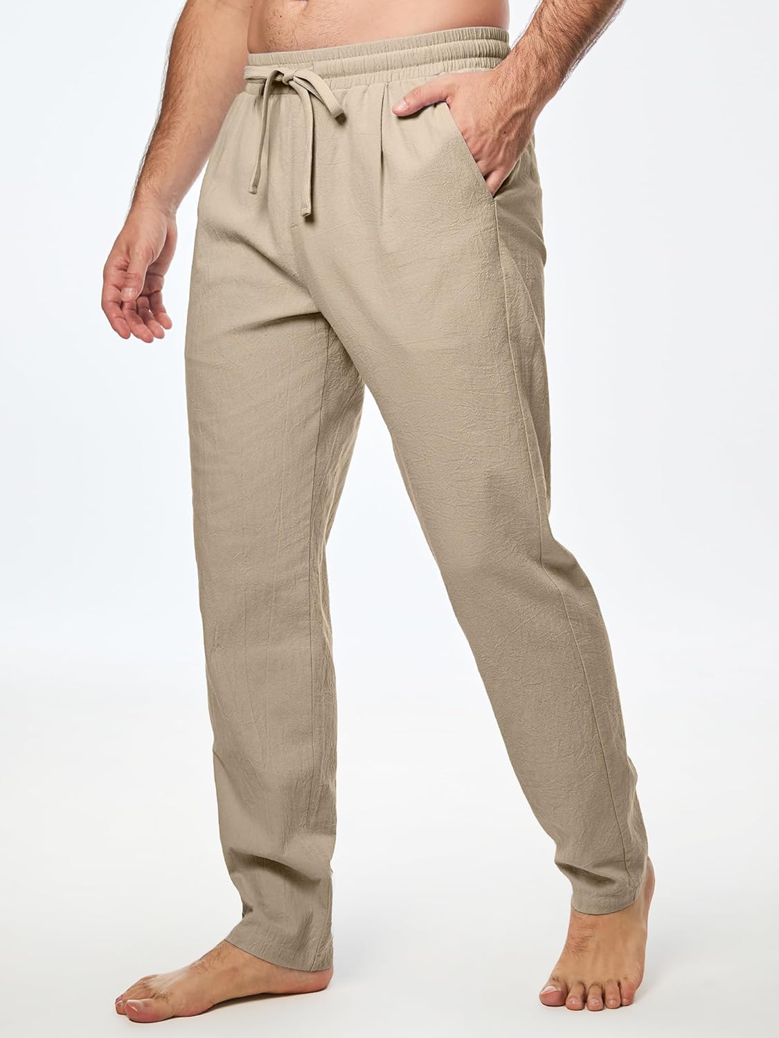 JMIERR Mens Cotton Pants Casual Elastic Waist Drawstring Lightweight Summer Beach Trousers with Pockets Large 4 Khaki image 2 of 6 B0DJKQSDWF