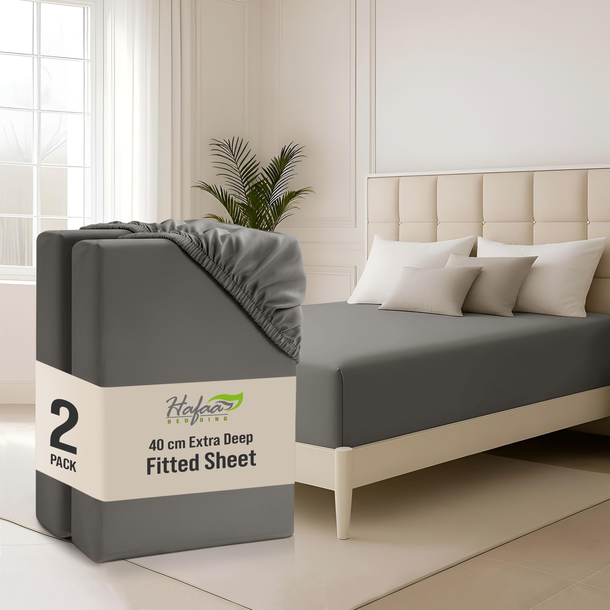 Hafaa Double Fitted Sheet 2 Pack 40Cm Deep Pocket 16 Inch Grey Bed Sheets Hotel Quality Soft Brushed Microfiber Fabric Breathable Shrinkage Fade Resistant Bedsheet — image 1