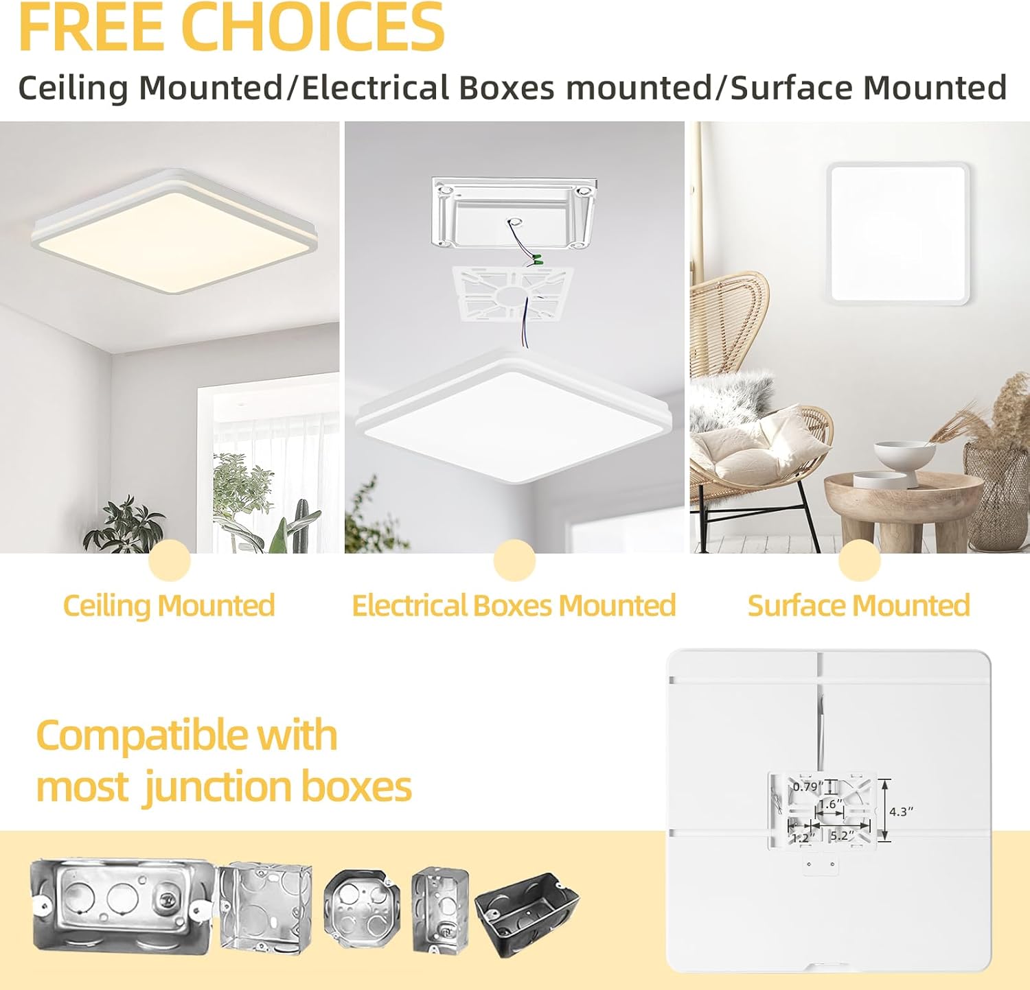 18 Inch LED Flush Mount Ceiling Light, White Ceiling Light Fixture with Side Light, 50W,4500LM, 2700K/4000K/6000K CCT Selectable, Square Lamp for Bathroom, Closet, Kitchen, Hallway, Bathroom