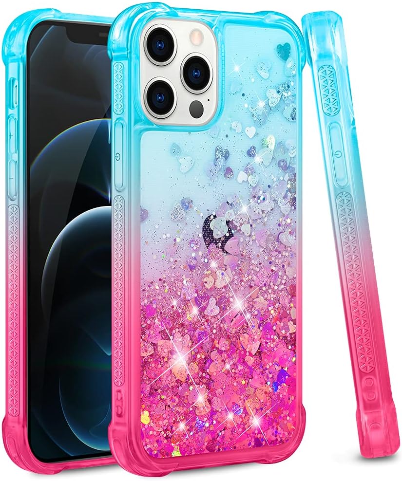 Ruky iPhone 12 Pro Max Case, Glitter Flowing Liquid Gradient Quicksand Series Bling Sparkle Soft TPU Shockproof Bumper Protective Cute Women Girls Phone Case for iPhone 12 Pro Max 6.7”, Teal Pink