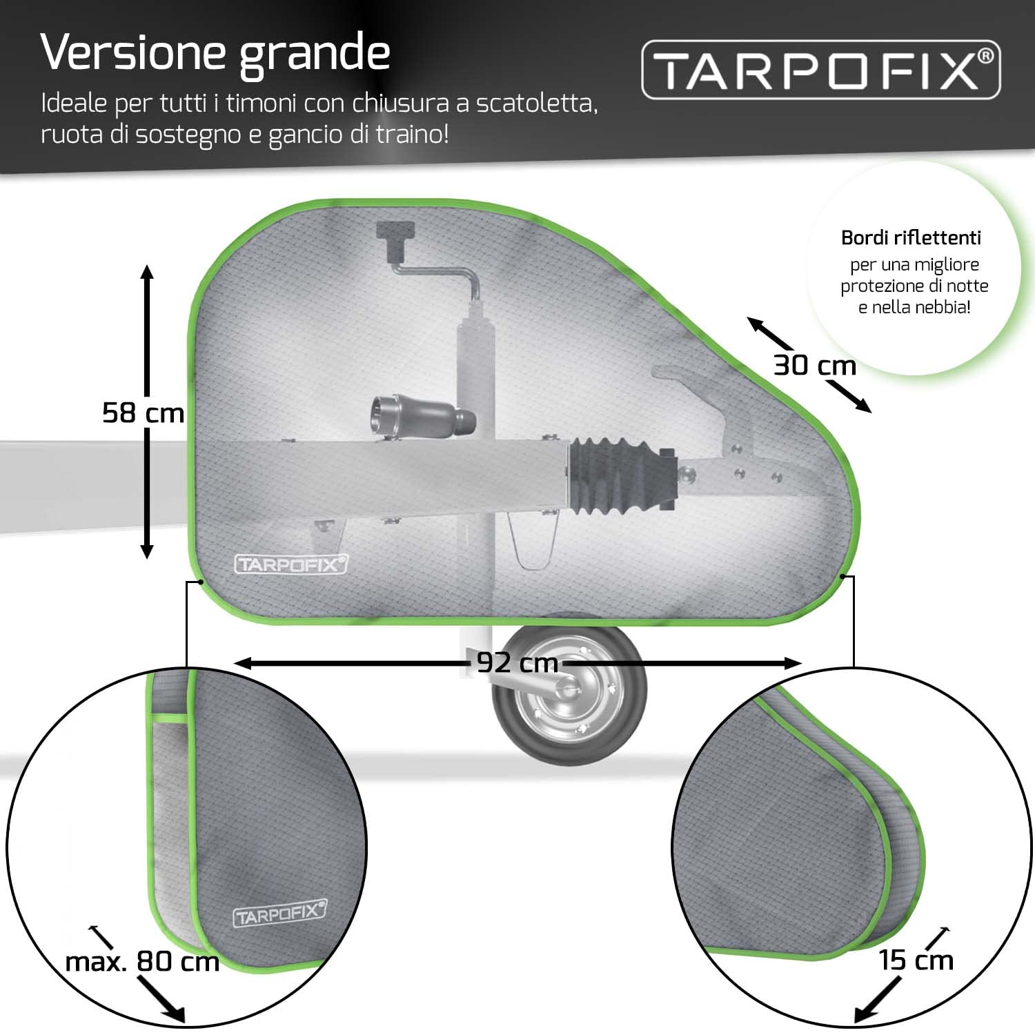 Tarpofix® Copritimone caravan con strisce riflettenti - Copri gancio roulotte universale per roulotte con doppia chiusura a scatto - Copri gancio traino per rimorchi con gancio