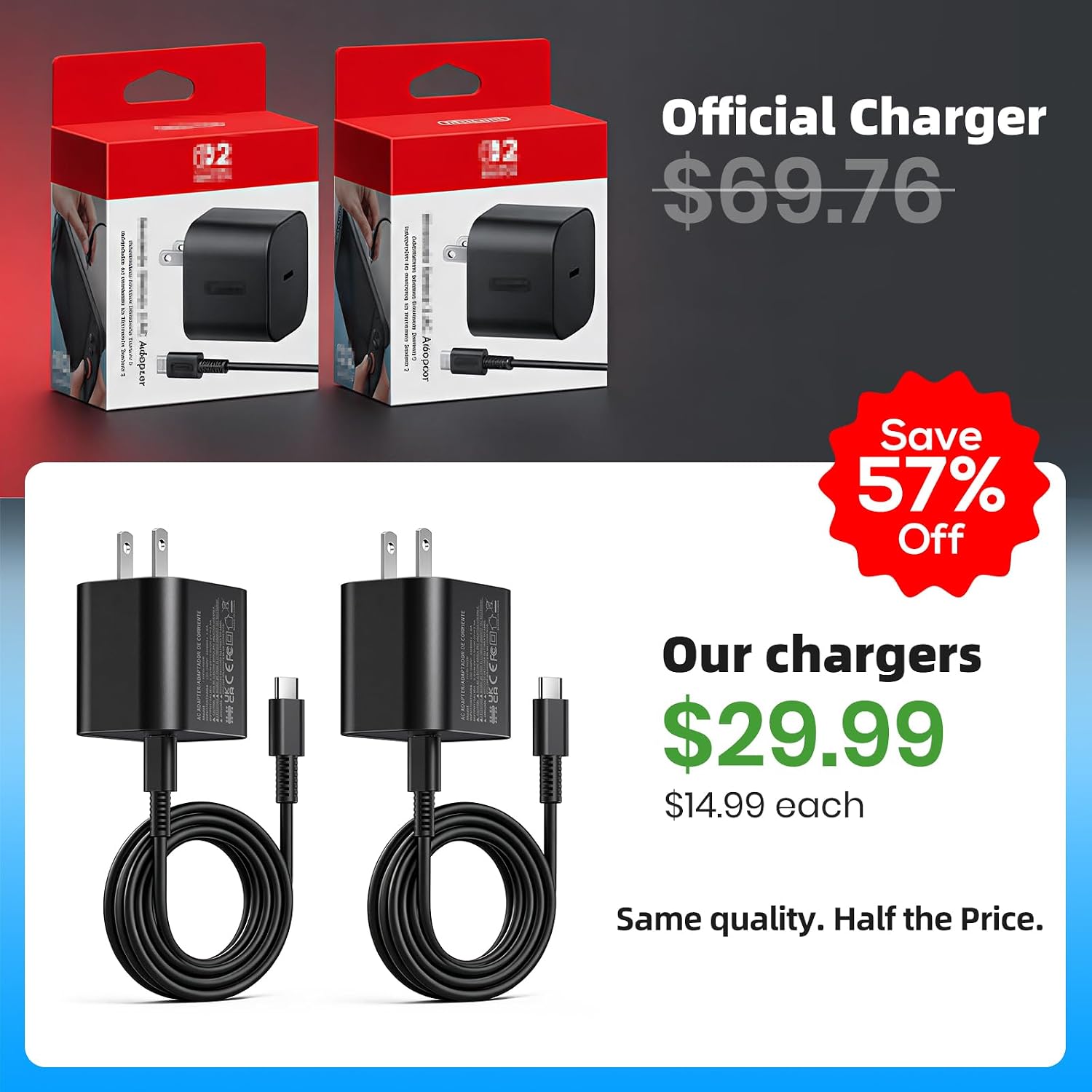 (2 Pack) Switch 2 Charger with 5FT+5FT USB-C Cable Bundle, 60W PD 3.0 Fast Charging Block (20V/3A),AC Power Adapter,4K TV Dock Mode Support, OEM Replacement for Nintendo Switch 2/1/Lite/Steam Deck Wii 3 71qdS7Y7vQL. AC SL1500