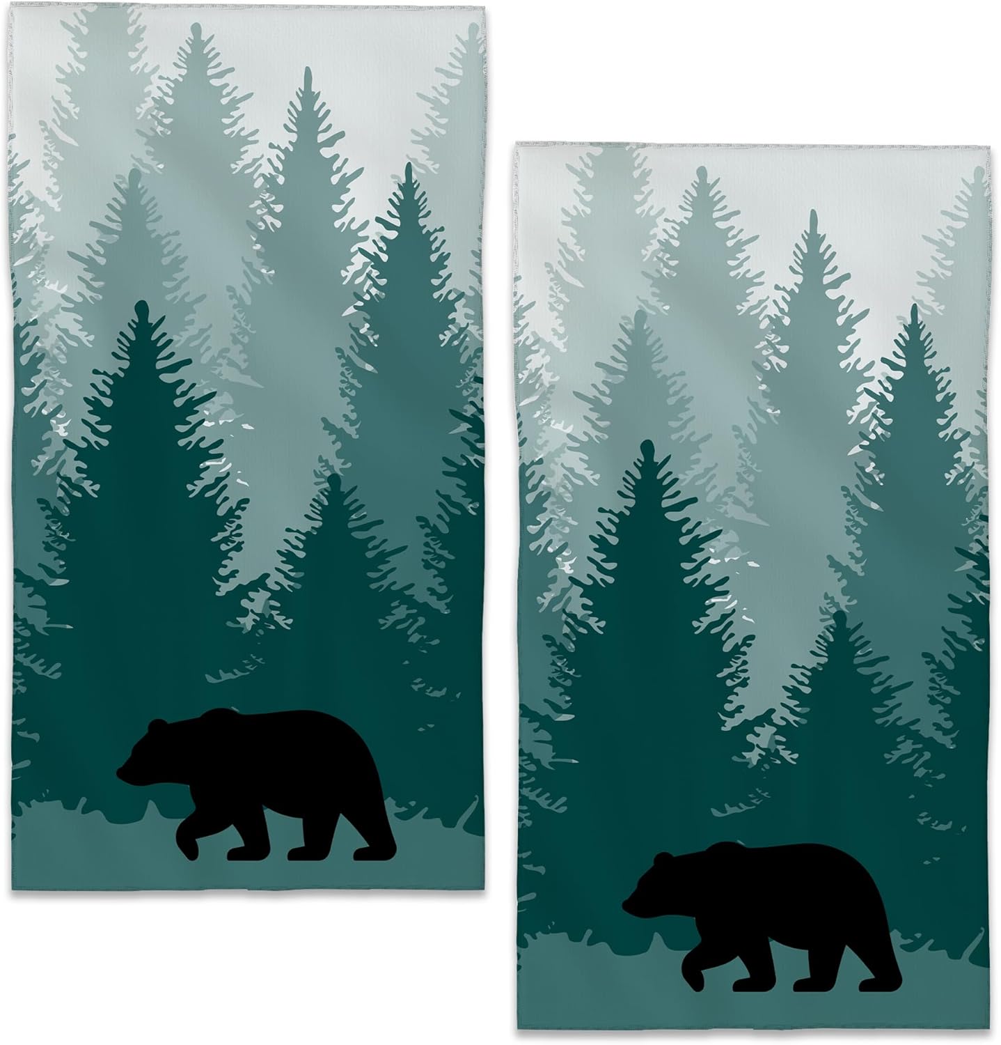 Bear Hand Towels Green Foggy Forest Trees Bath Towel Set of 2 Soft Kitchen Dish Towels Decorative Bathroom Face Towels for Guest Gym Yoga 28 x 14 Inch