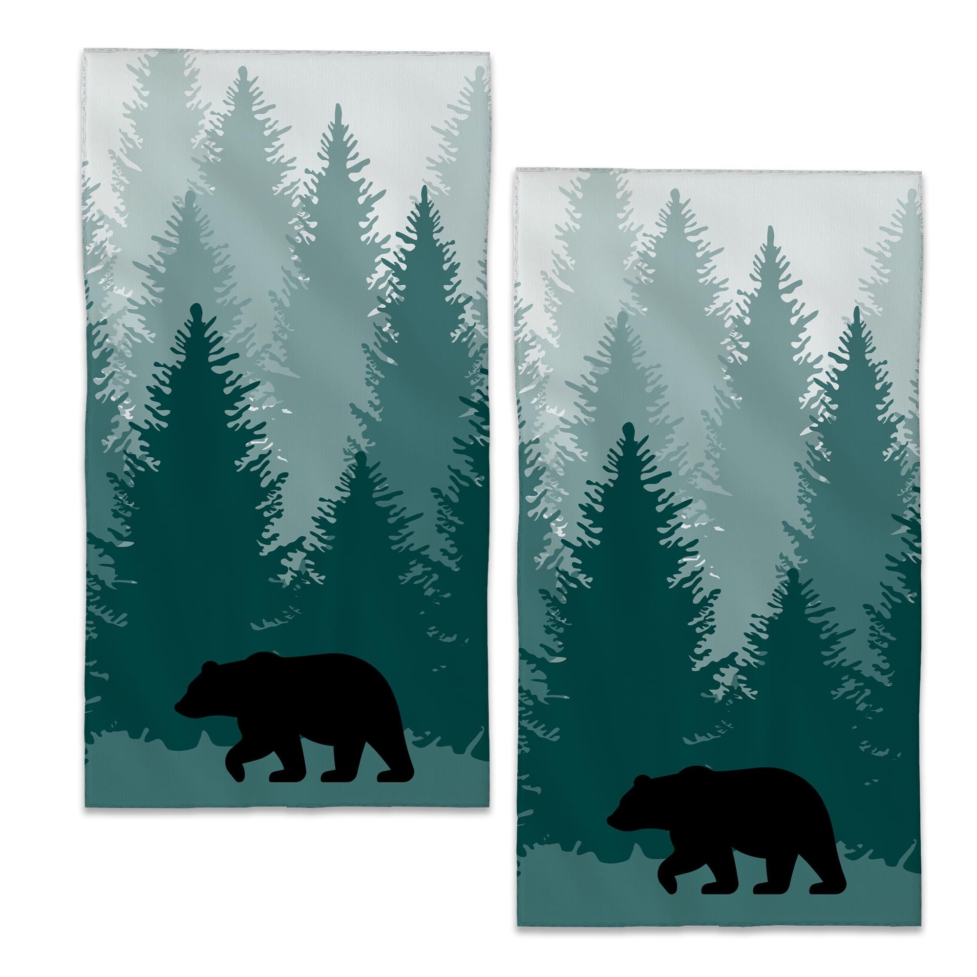 BIGXIUKA Bear Hand Towels Green Foggy Forest Trees Bath Towel Set of 2 Soft Kitchen Dish Towels Decorative Bathroom Face Towels for Guest Gym Yoga 28