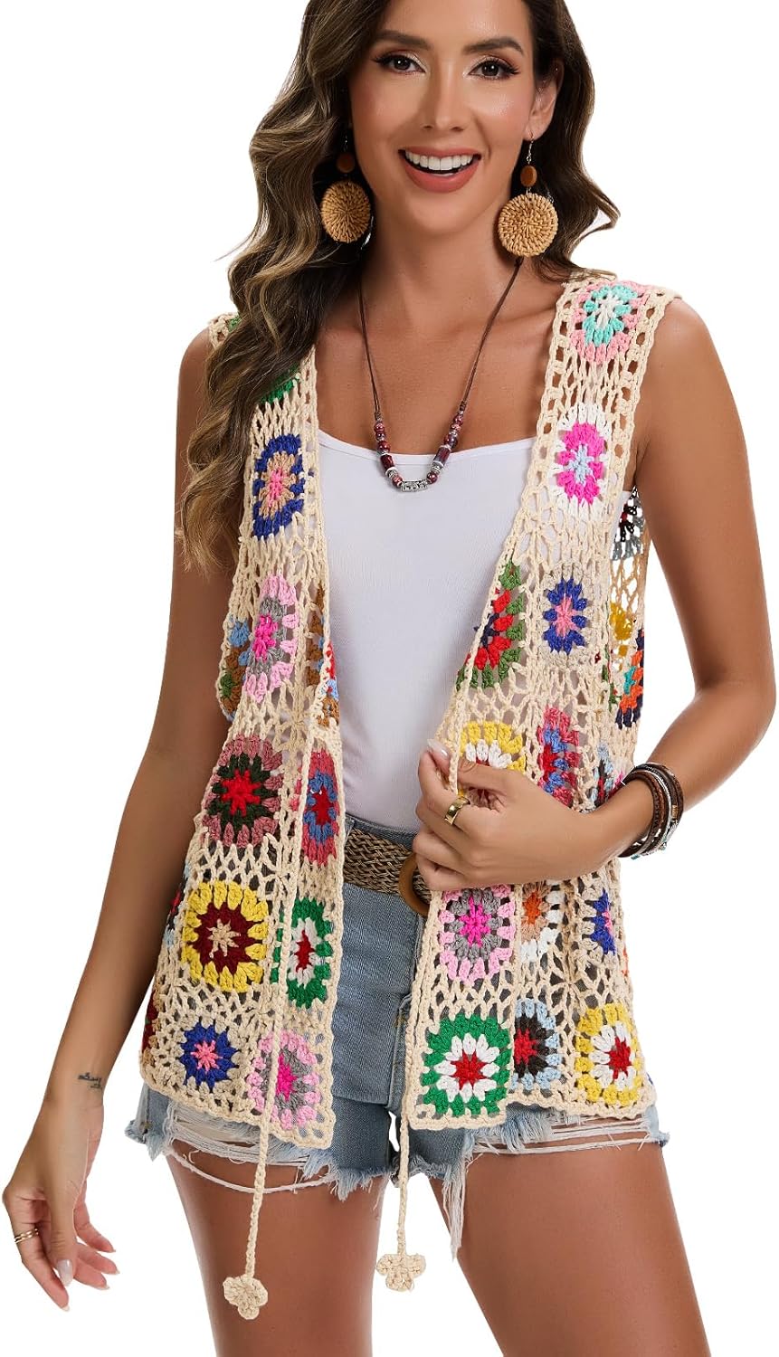 Crochet African Flower Granny Square Crochet Vest, Color Block Sweater, Knitted Multicolor Open Front Cardigan