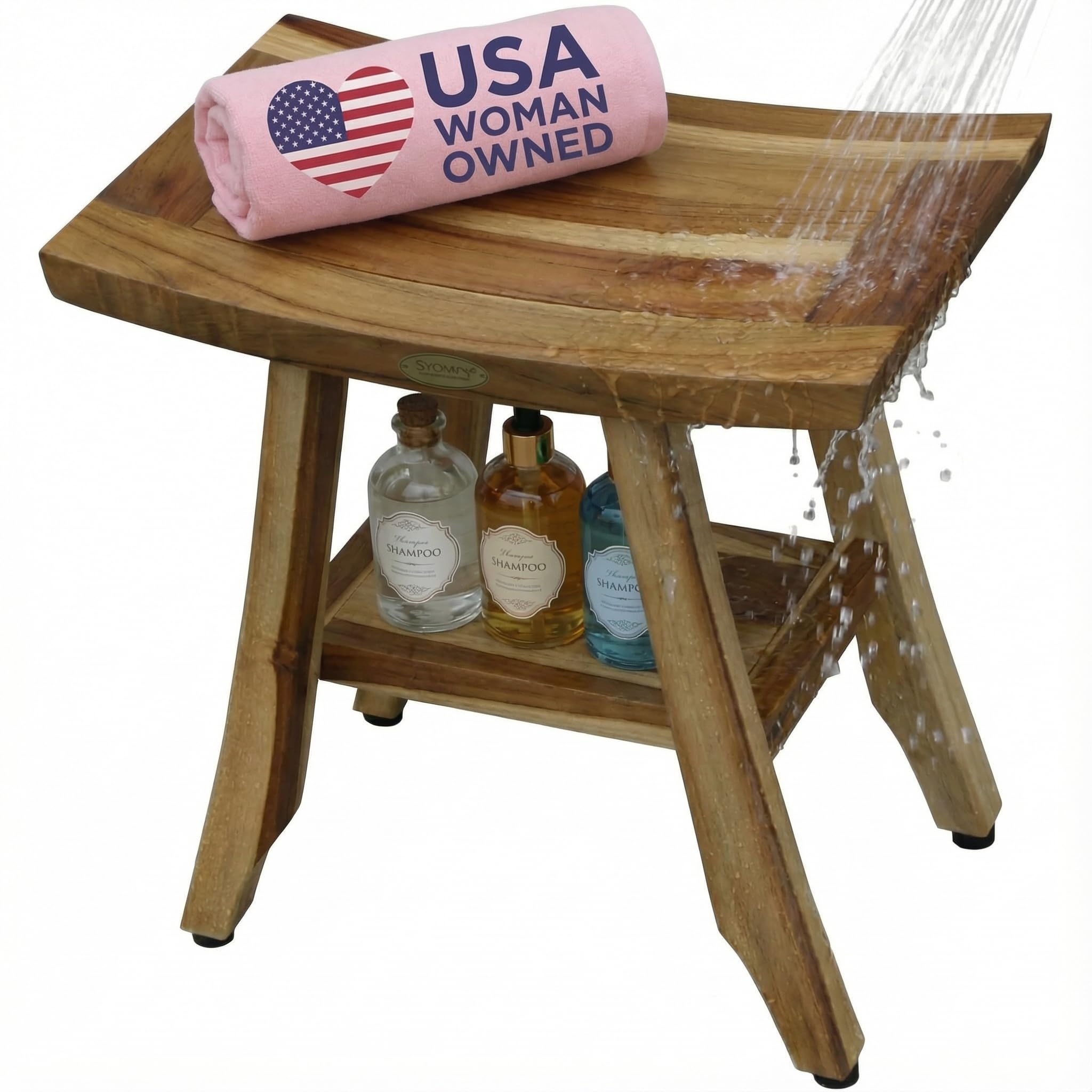 EcoDecors 18" Satori Teak Shower Bench –Compact Bath Seat, Natural Wood Finish Water-Resistant Spa Bench | Slatted Design & Adjustable Feet for Indoor Outdoor Use | Storage Shelf