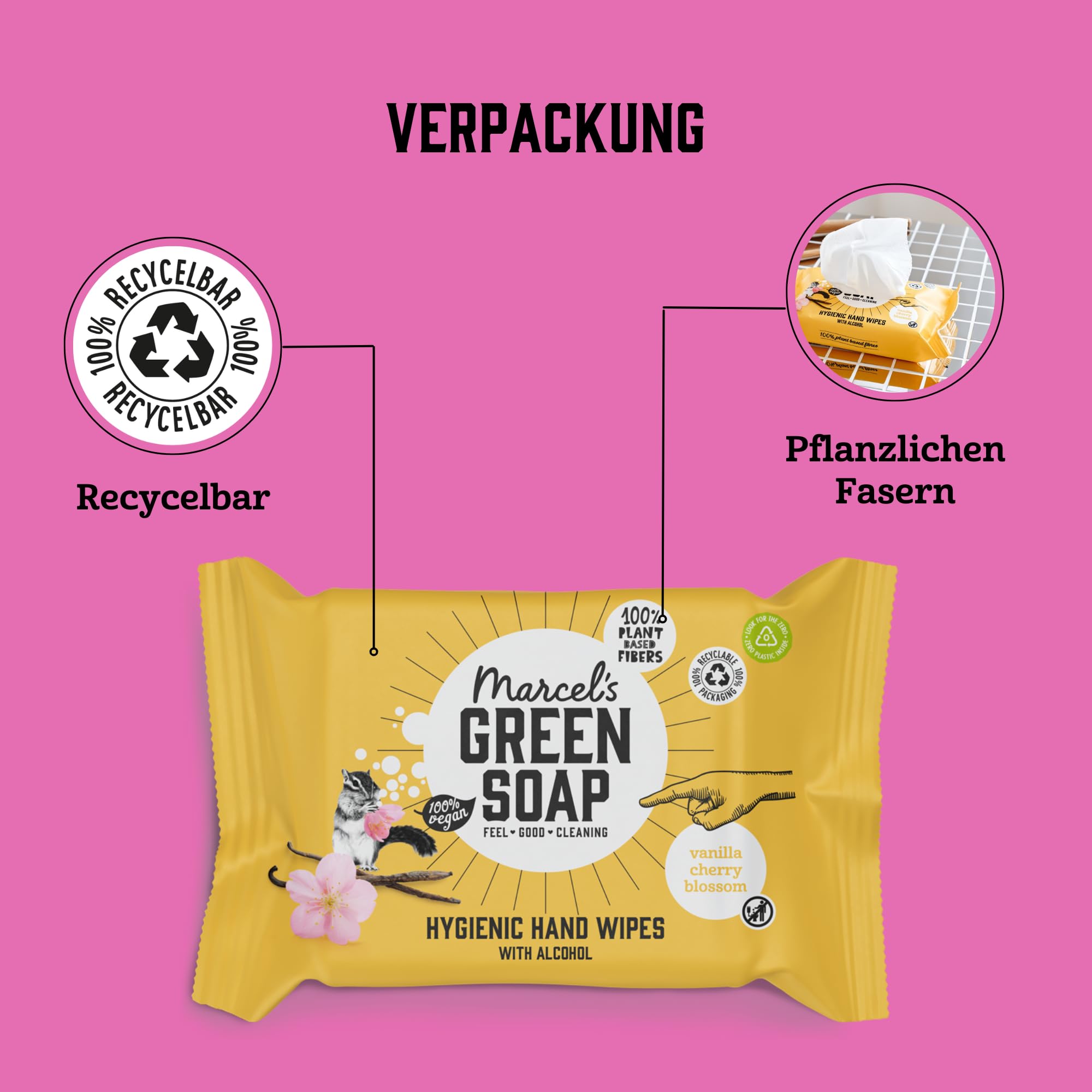 Marcel's Green Soap Hygienische Handtücher Vanille & Kirschblüte - Feuchttücher - Mikroplastikfreie Formel - Vegan - 15 Tücher (12er Pack)