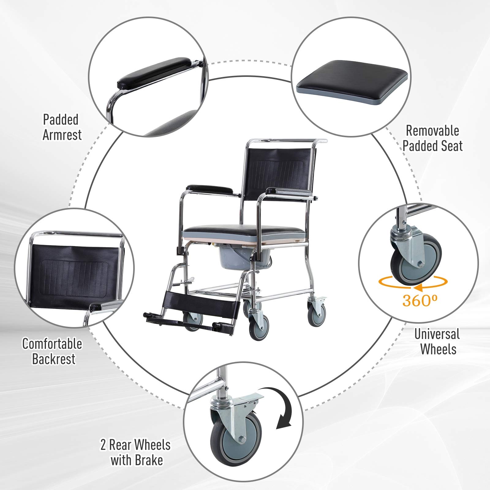 Shower Rolling Chair Personal Mobility Assist Bedside Commode